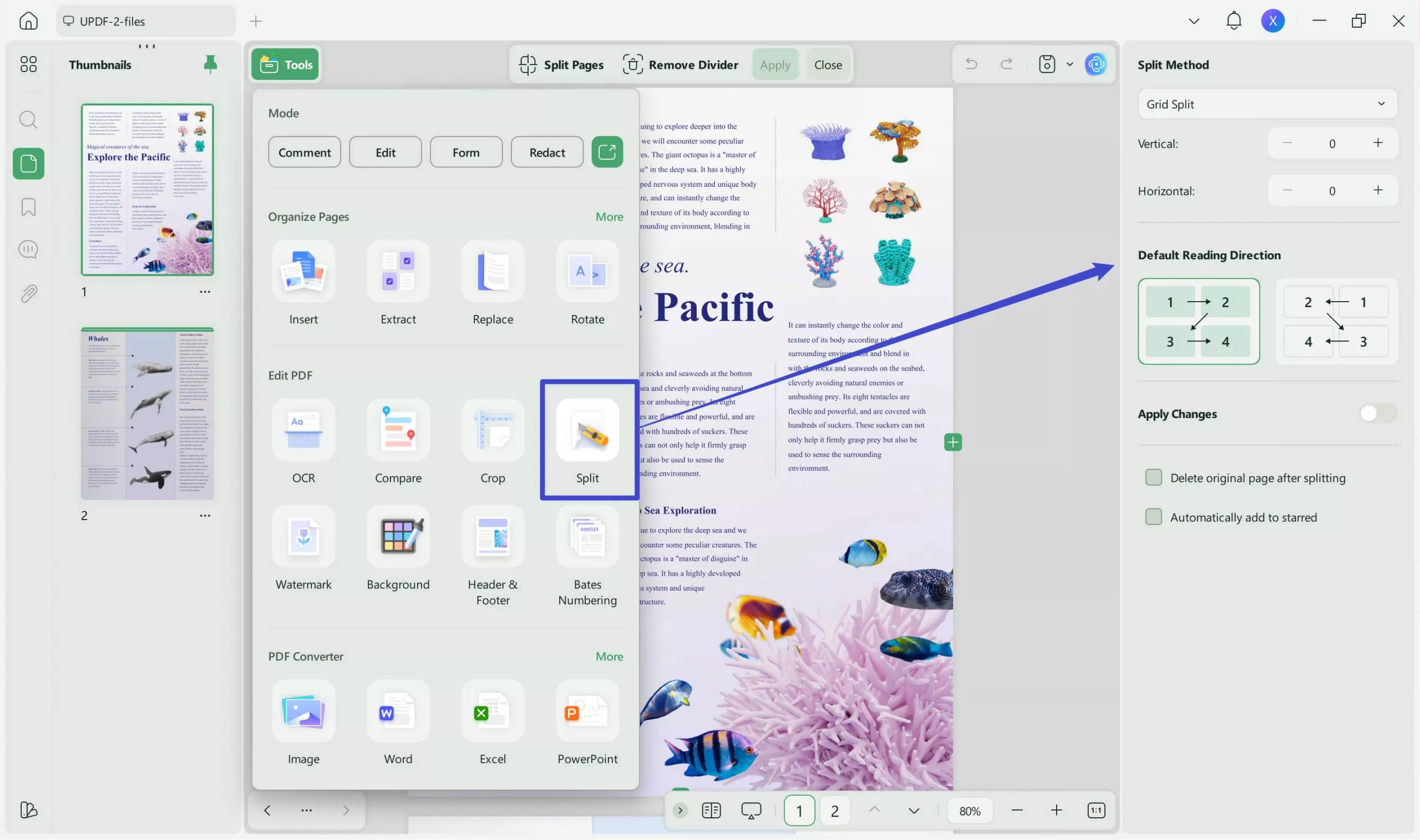 click crop page and then select split in updf