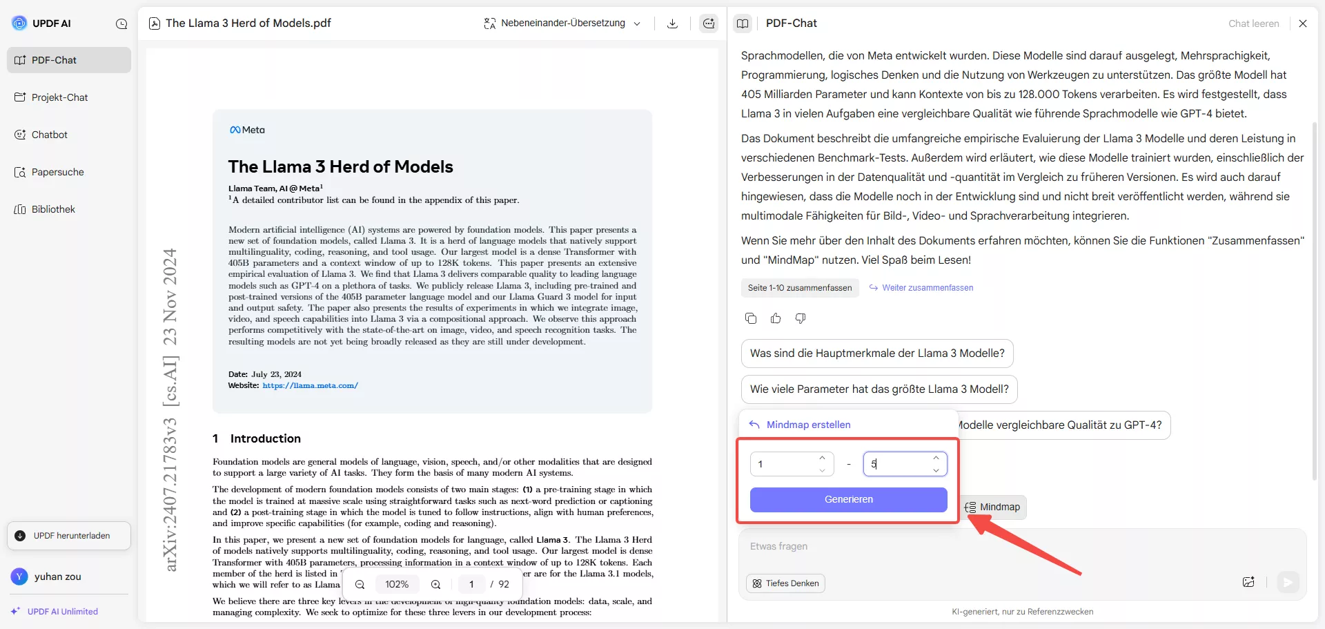 Seitenbereich auswählen und auf „Generieren“ klicken