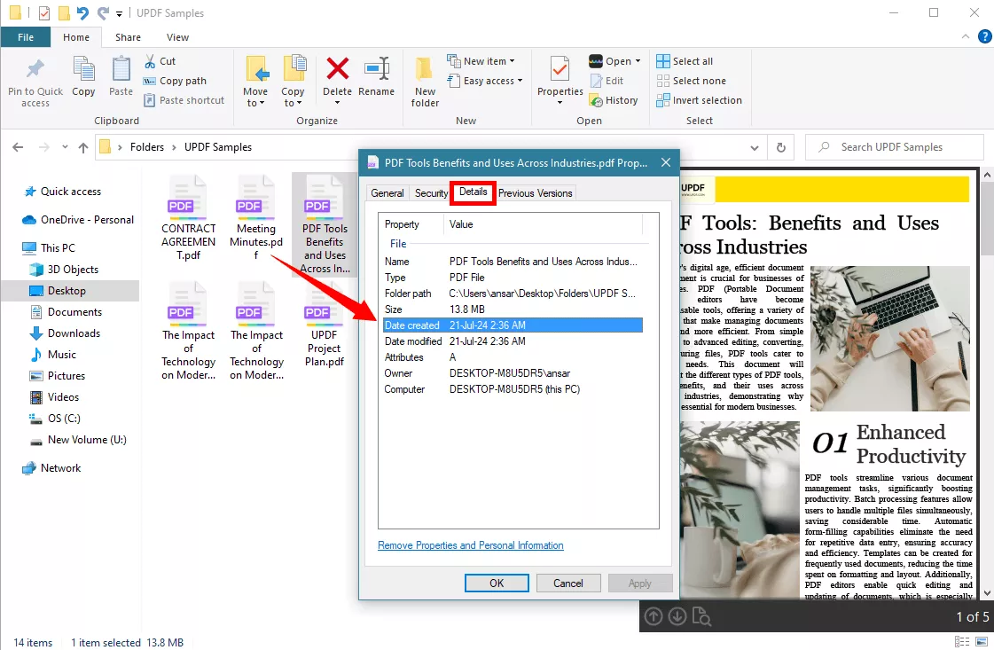 view the pdf information under the details tab in windows