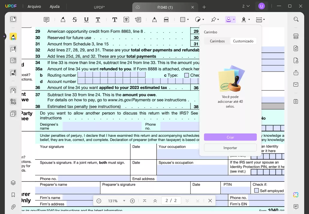 insira o carimbo de assinatura dinâmico com UPDF