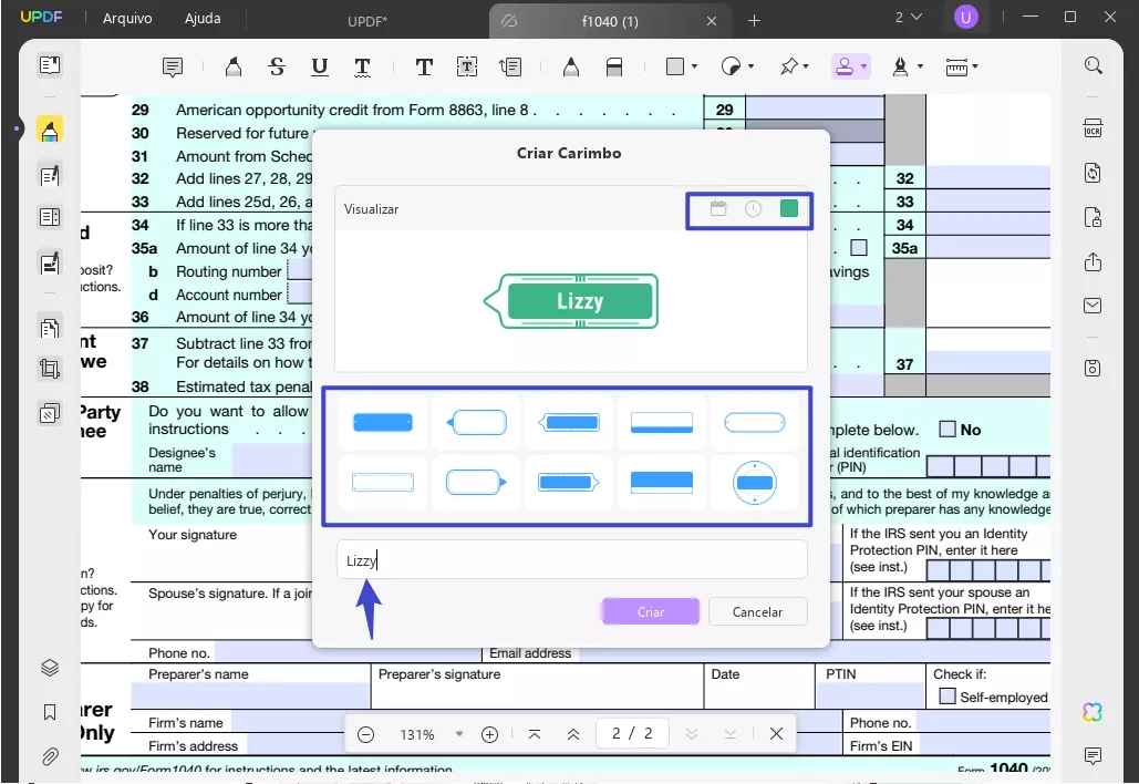 personalize o carimbo de assinatura dinâmico com UPDF