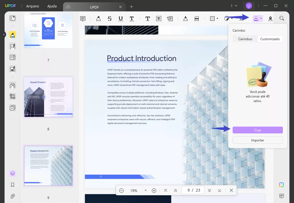 clique no carimbo "Criar" para adicionar carimbo de assinatura em PDF com UPDF