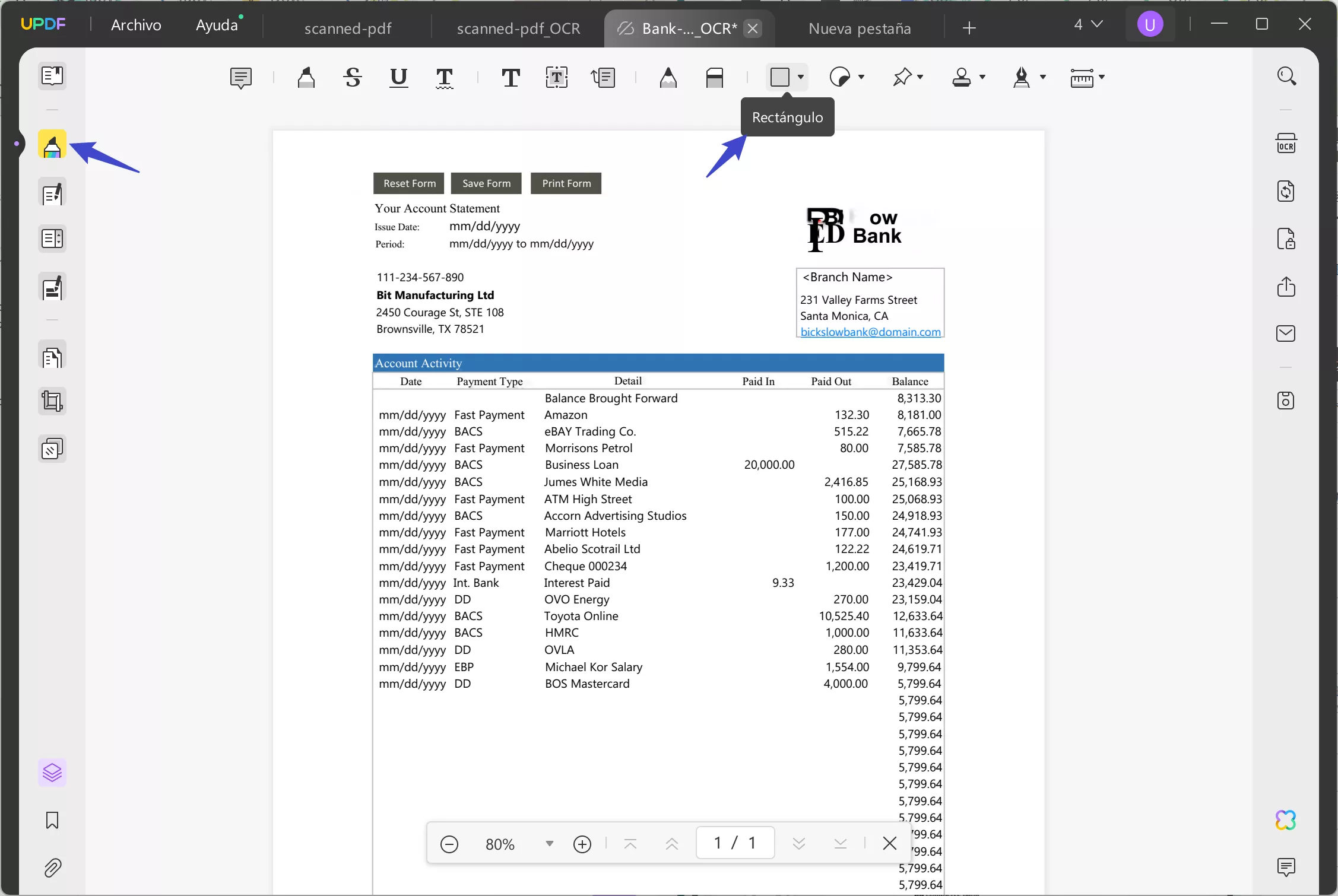 Rectángulo de extracto bancario redactado