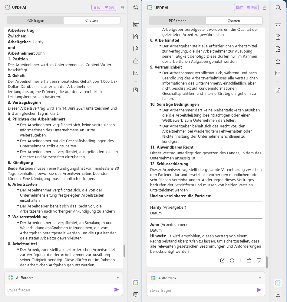 KI-Vertragsgenerator Eingabeaufforderung für Arbeitsvertrag