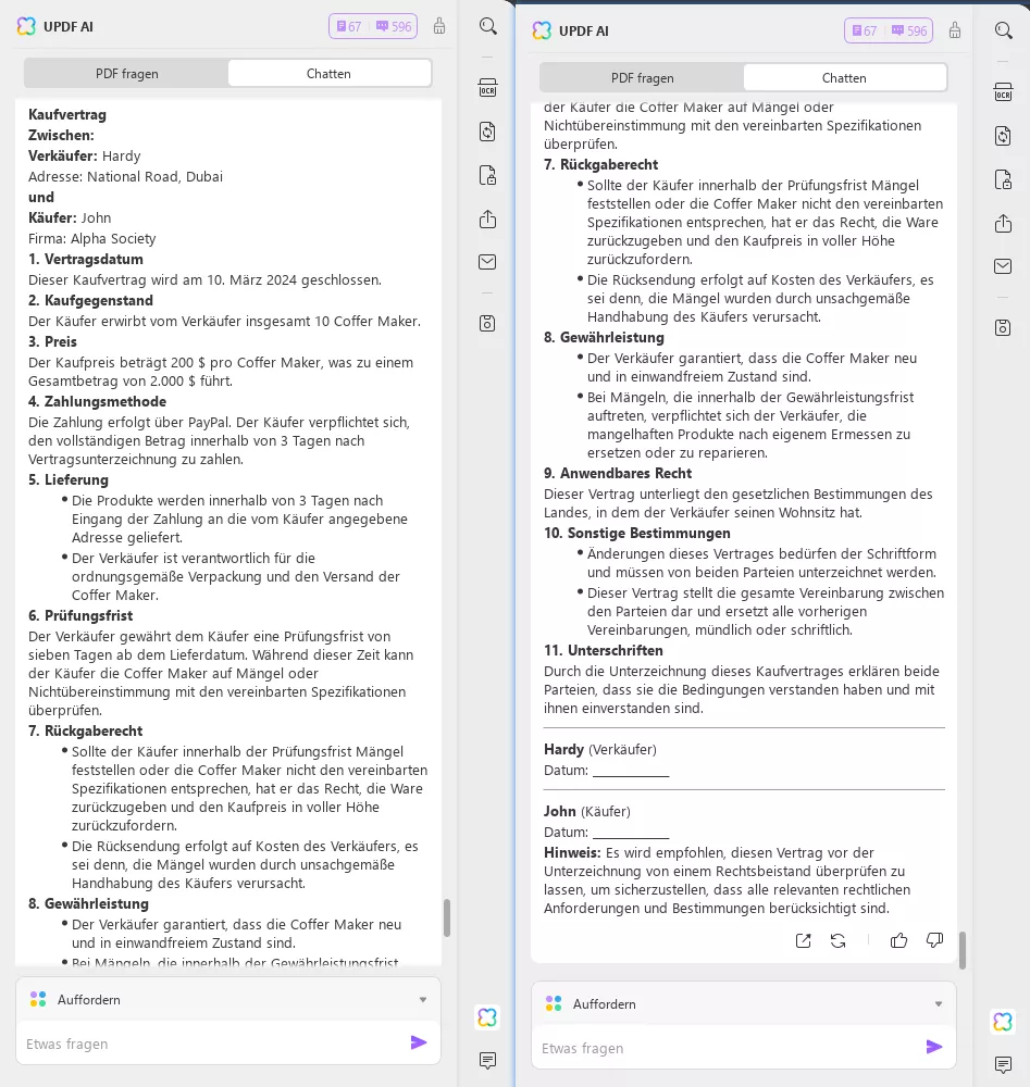 KI-Vertragsgenerator - Eingabeaufforderung für Kaufverträge