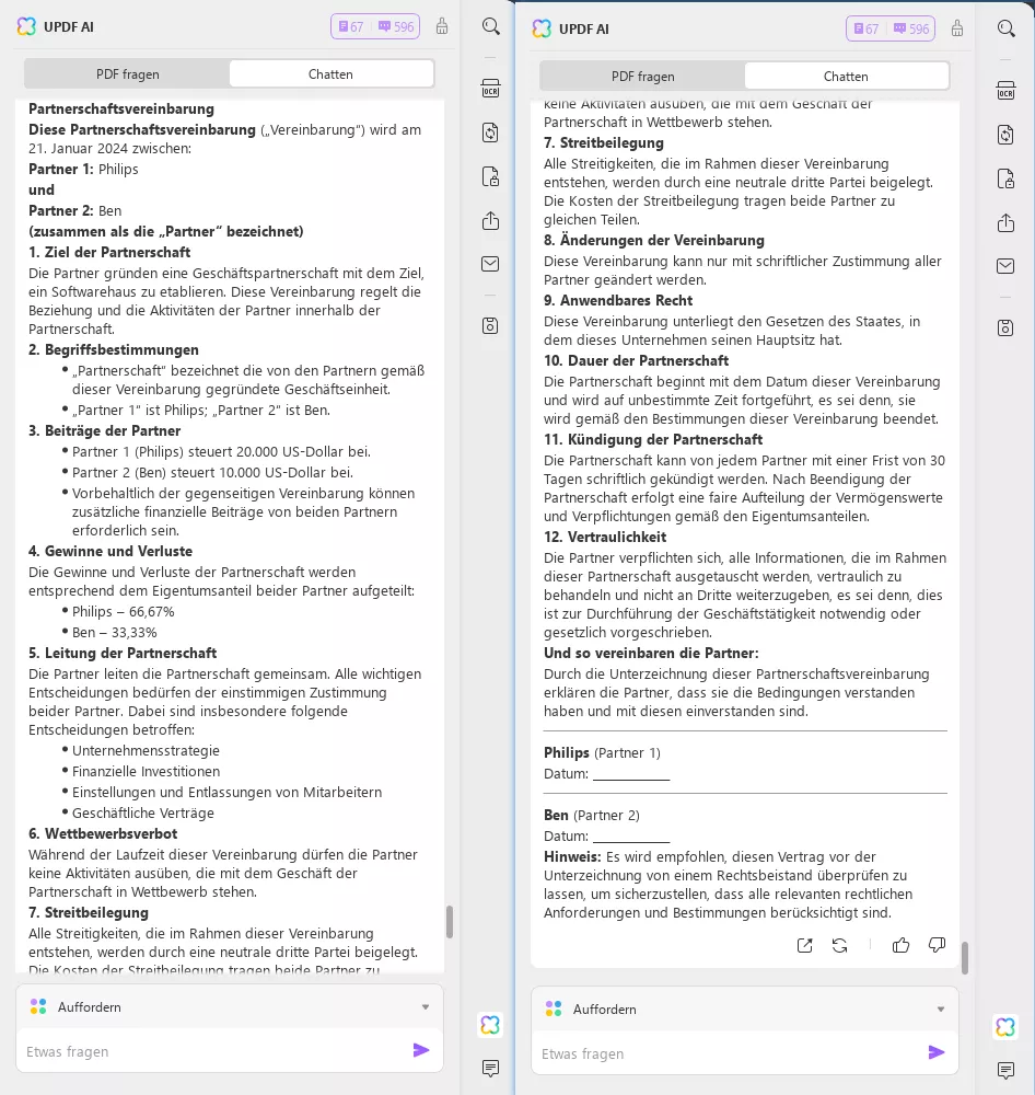 KI-Vertragsgenerator, Eingabeaufforderung für VPartnership-Verträge