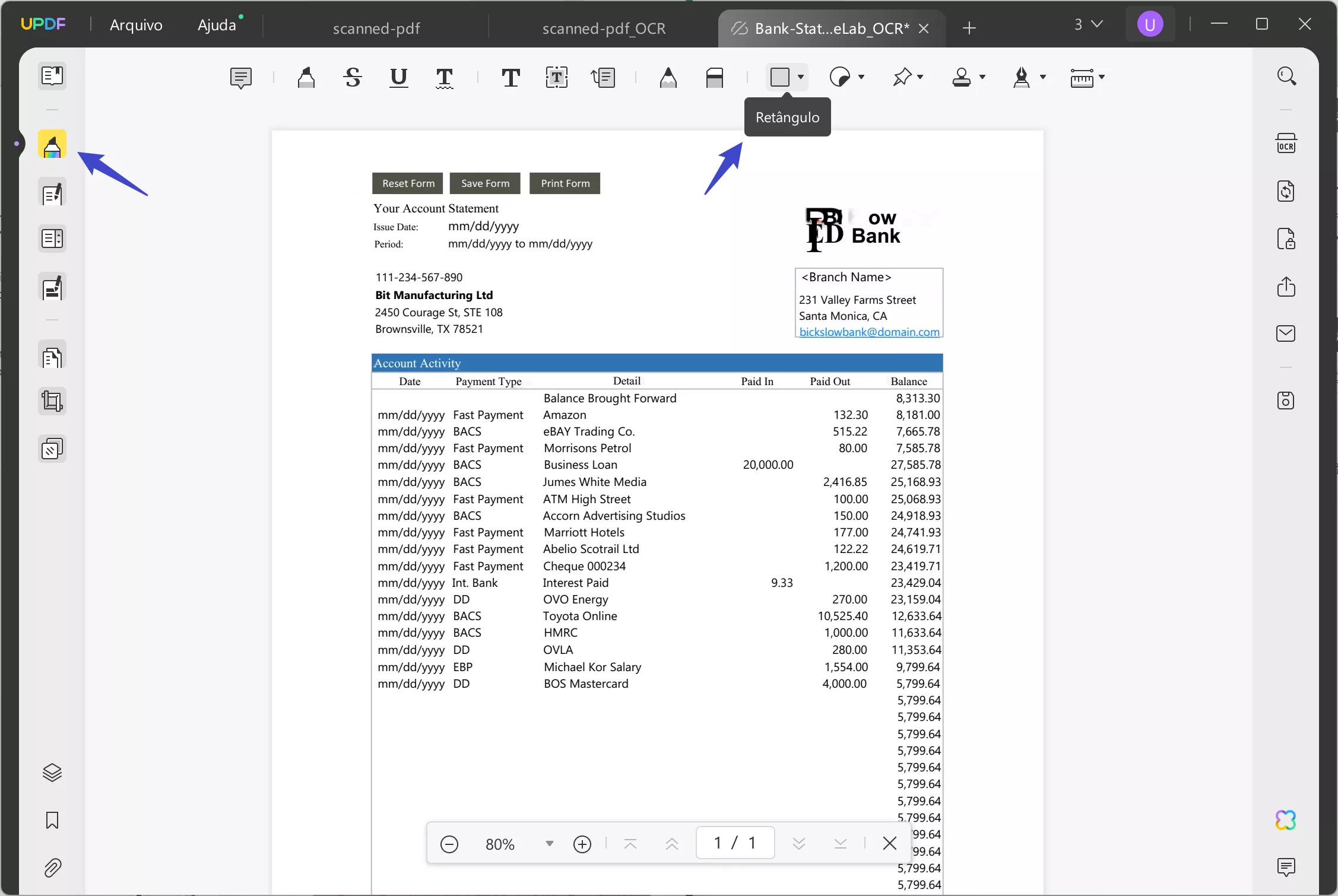 redigir retângulo de extrato bancário