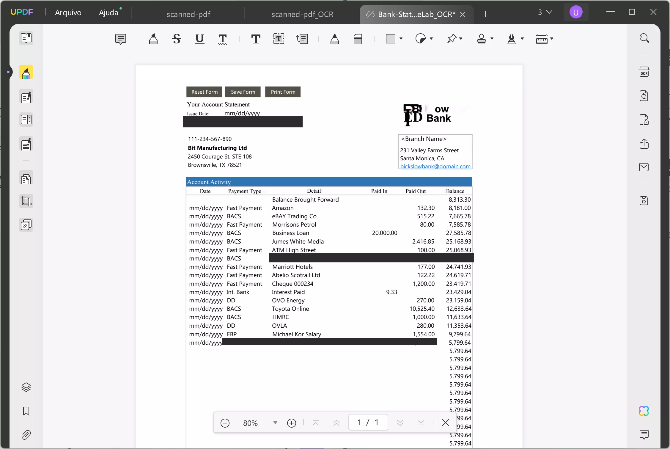redigir extrato bancário anotar pdf