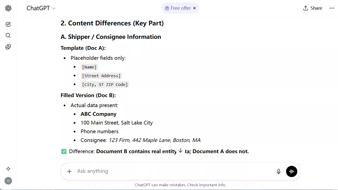 chatgpt shows the compare results