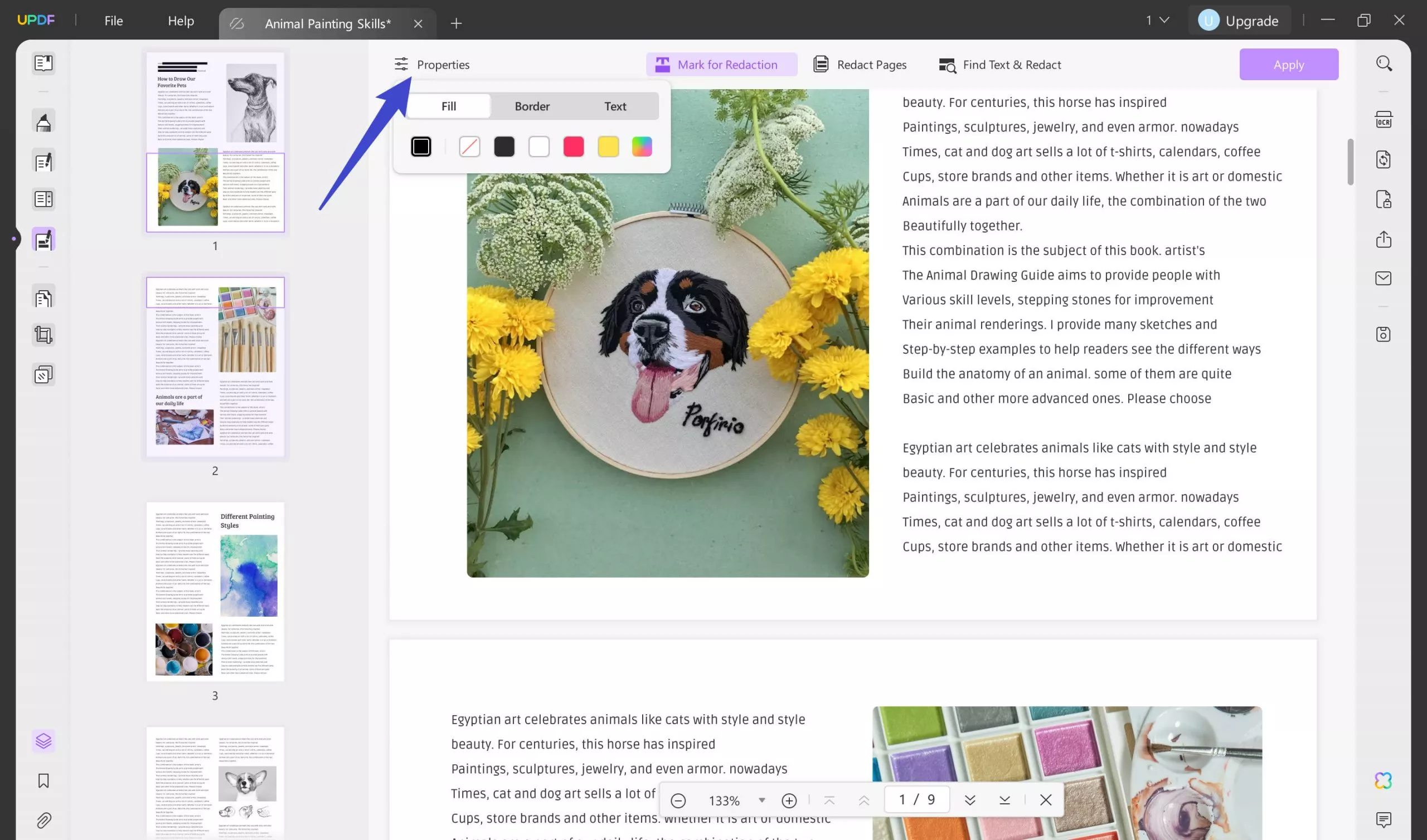 भरण, बॉर्डर और पाठ को समायोजित करने के लिए गुण टैब पर क्लिक करें