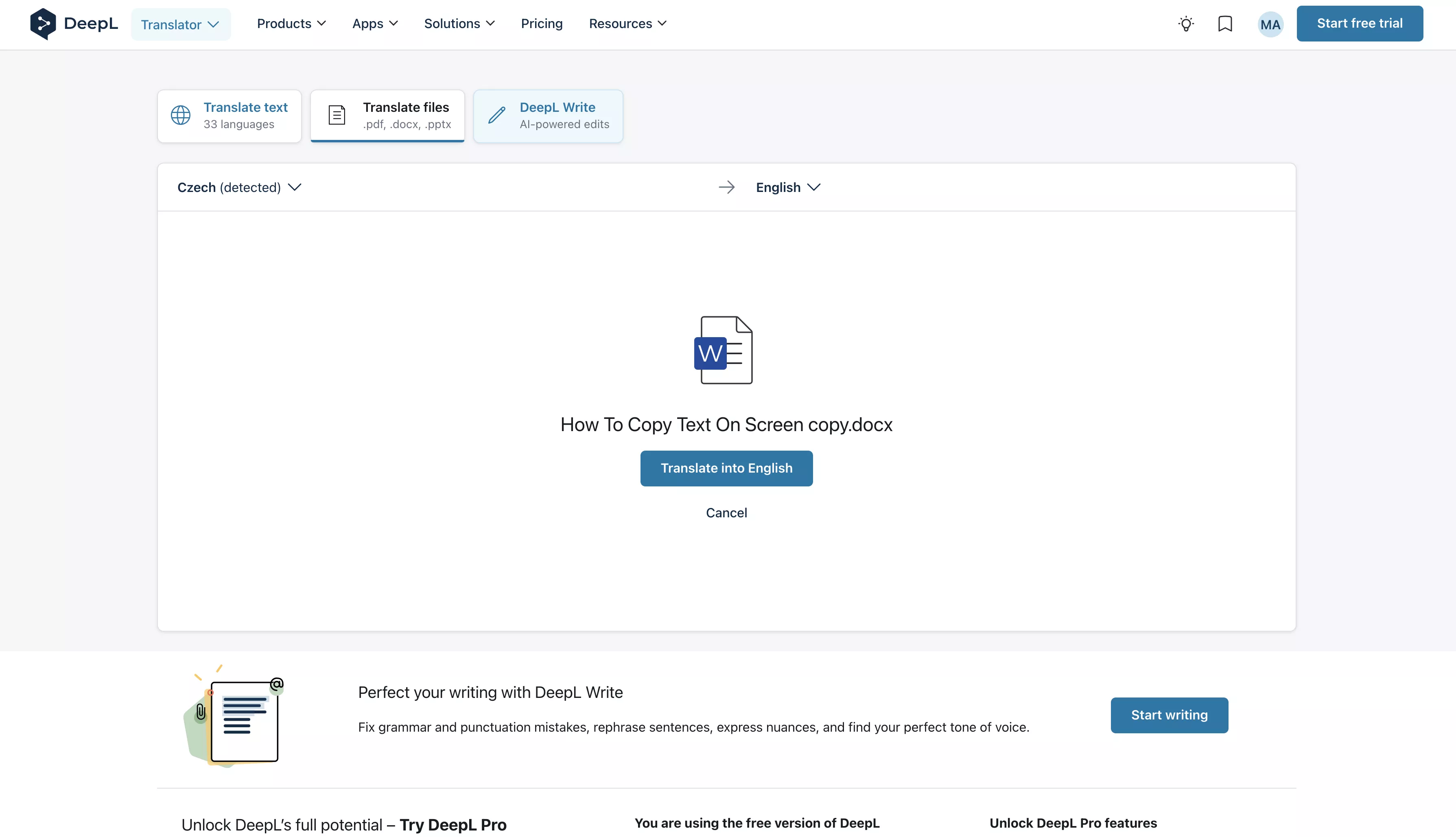 click translate into English with deepl