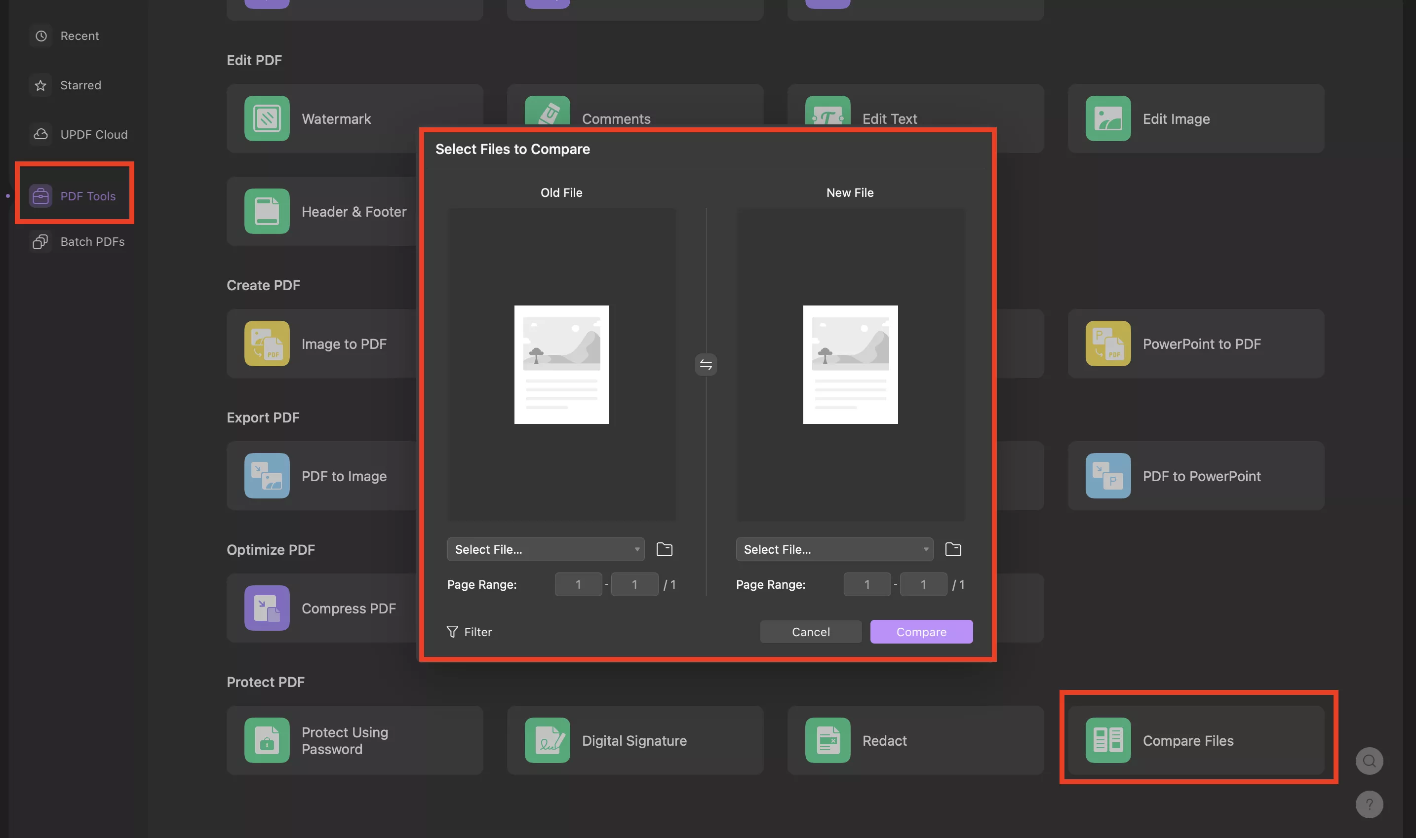 compare PDF tool in UPDF