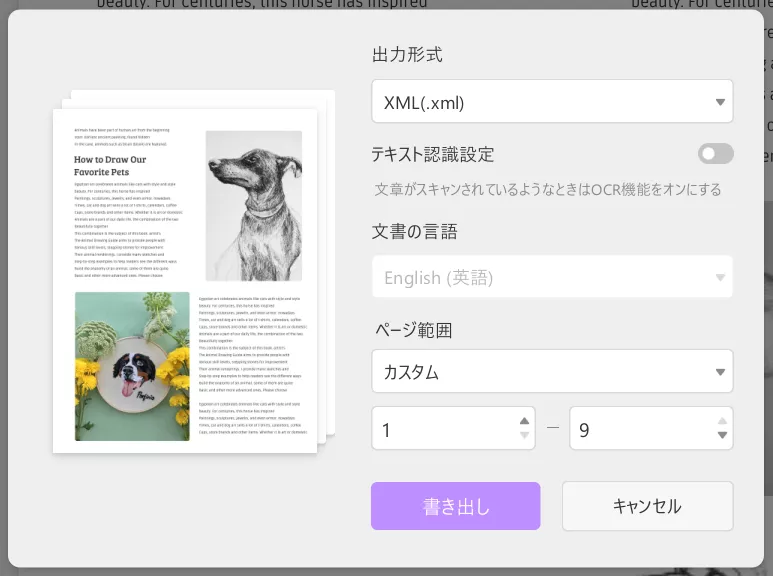 xml pdf エクスポートオプションを選択