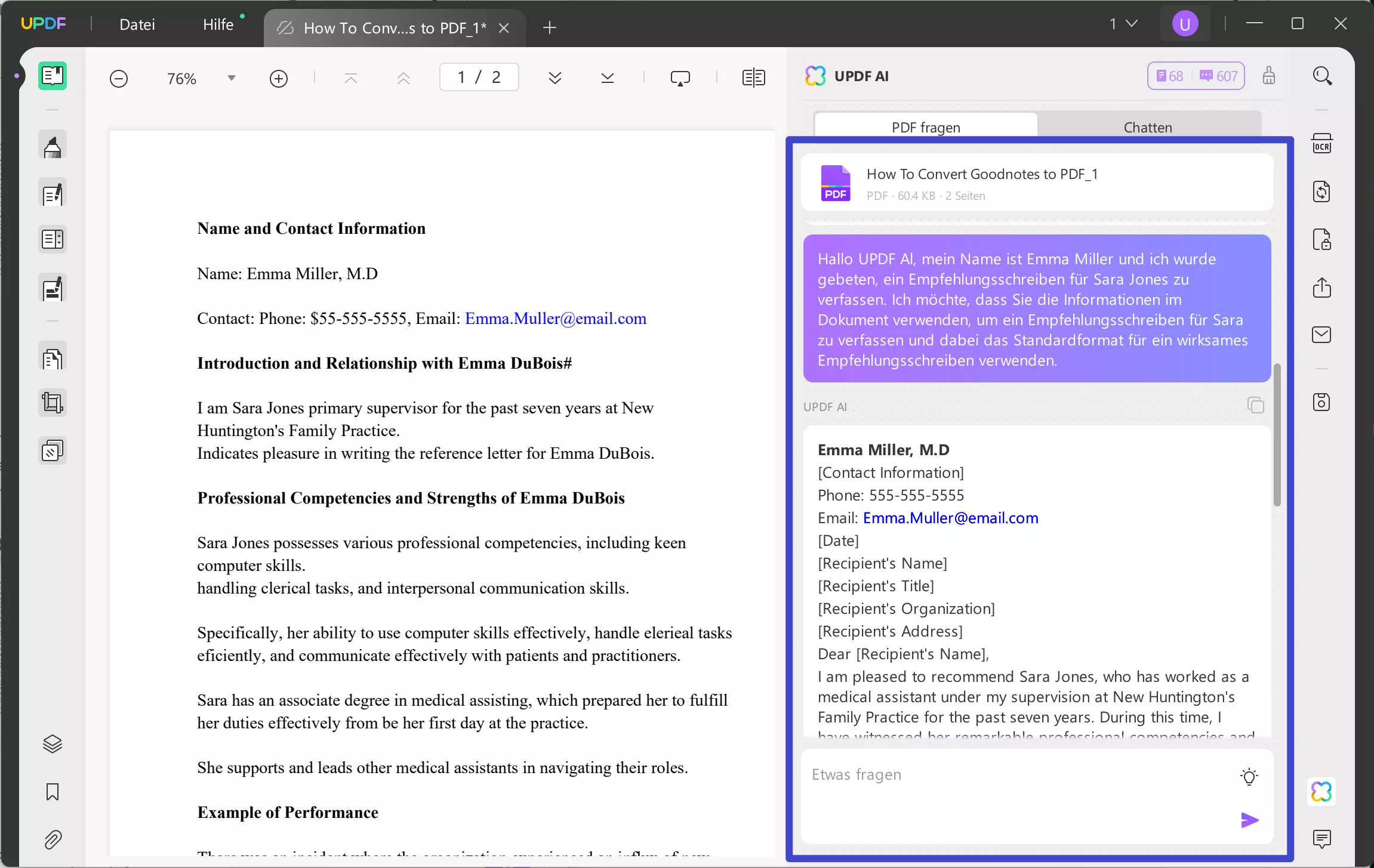 KI-Empfehlungsschreiben-Generator Eingabeaufforderung UPDF AI zum Schreiben des Briefes