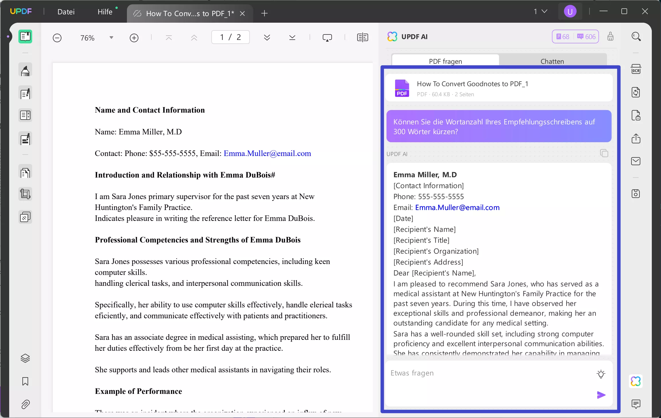 KI-Empfehlungsschreiben-Generator Verwenden Sie den Chat-Modus von UPDF AI, um das Schreiben des Briefes zu verfassen