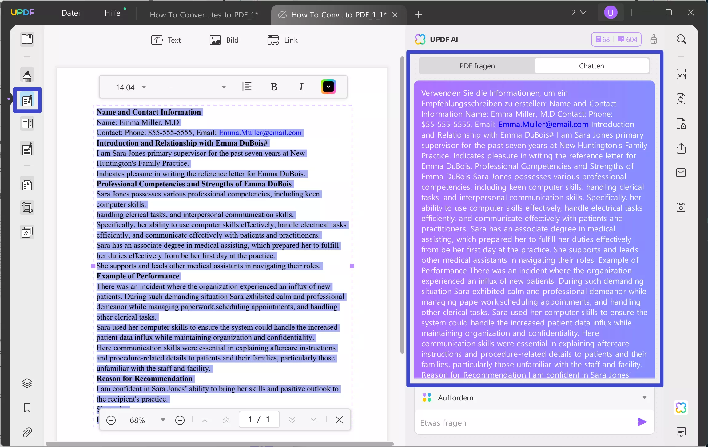 KI-Empfehlungsschreiben-Generator Verwenden Sie den Chat-Modus von UPDF AI, um das Schreiben des Briefes zu verfassen