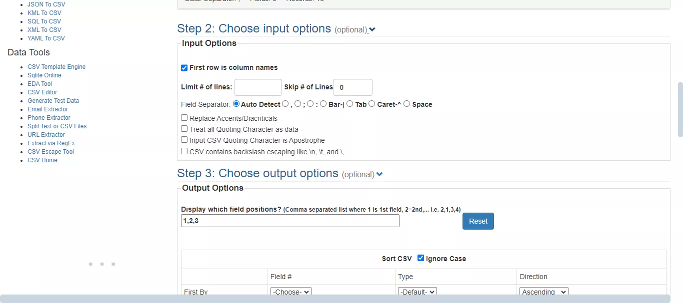customize input/output options in convertcsv