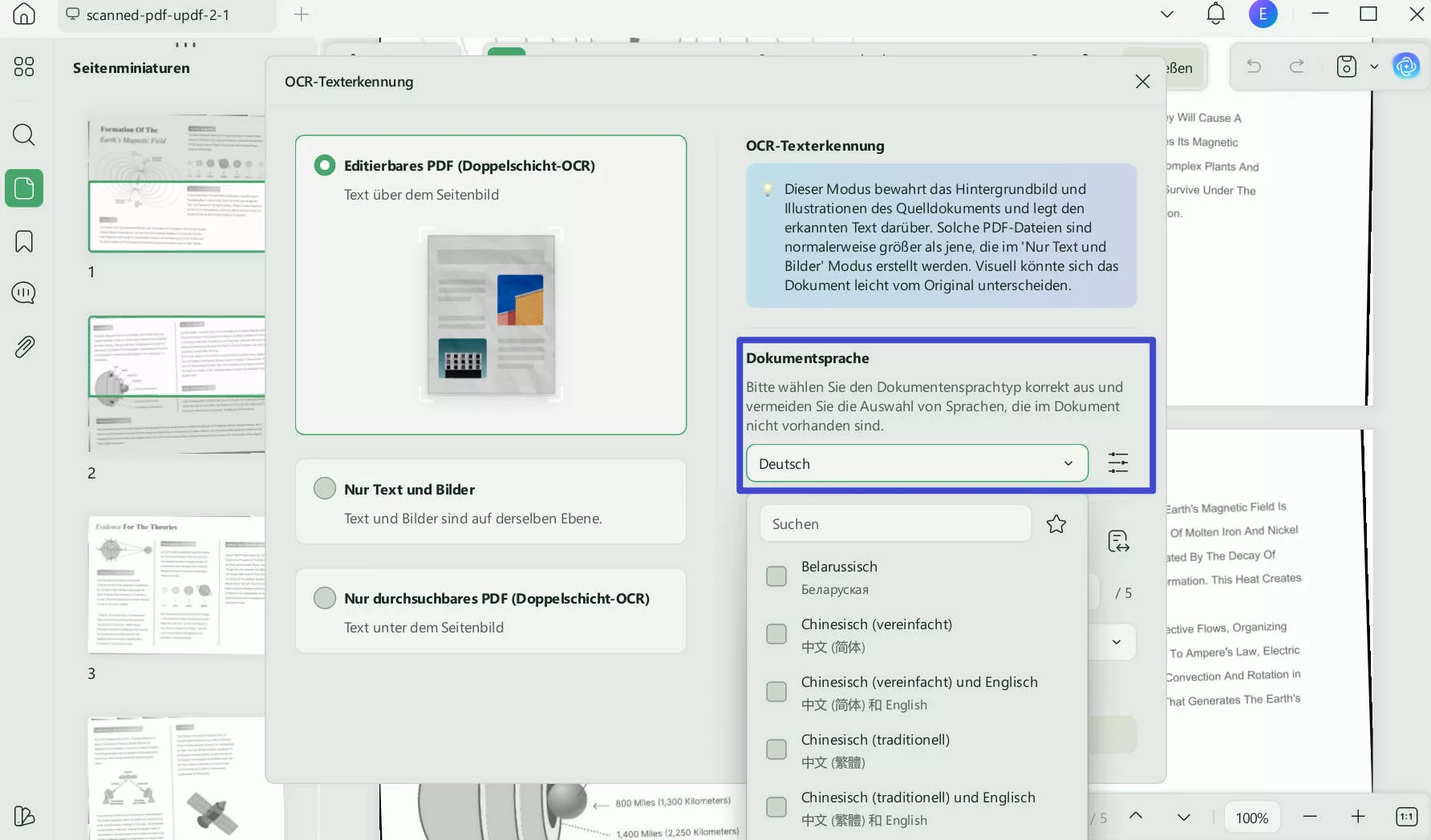 die „Dokumentsprache“ auswählen