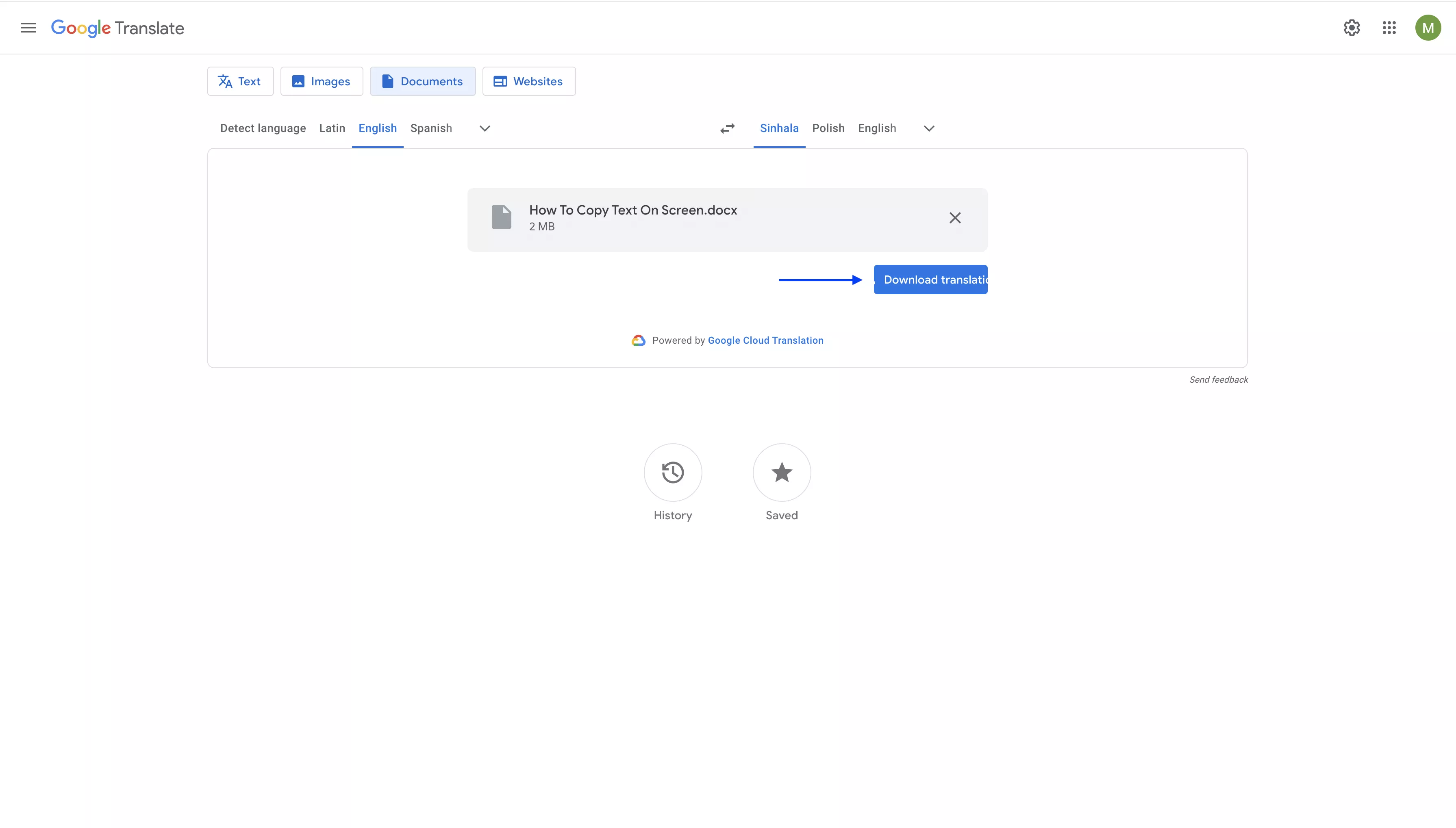 Download the translated content in google translate