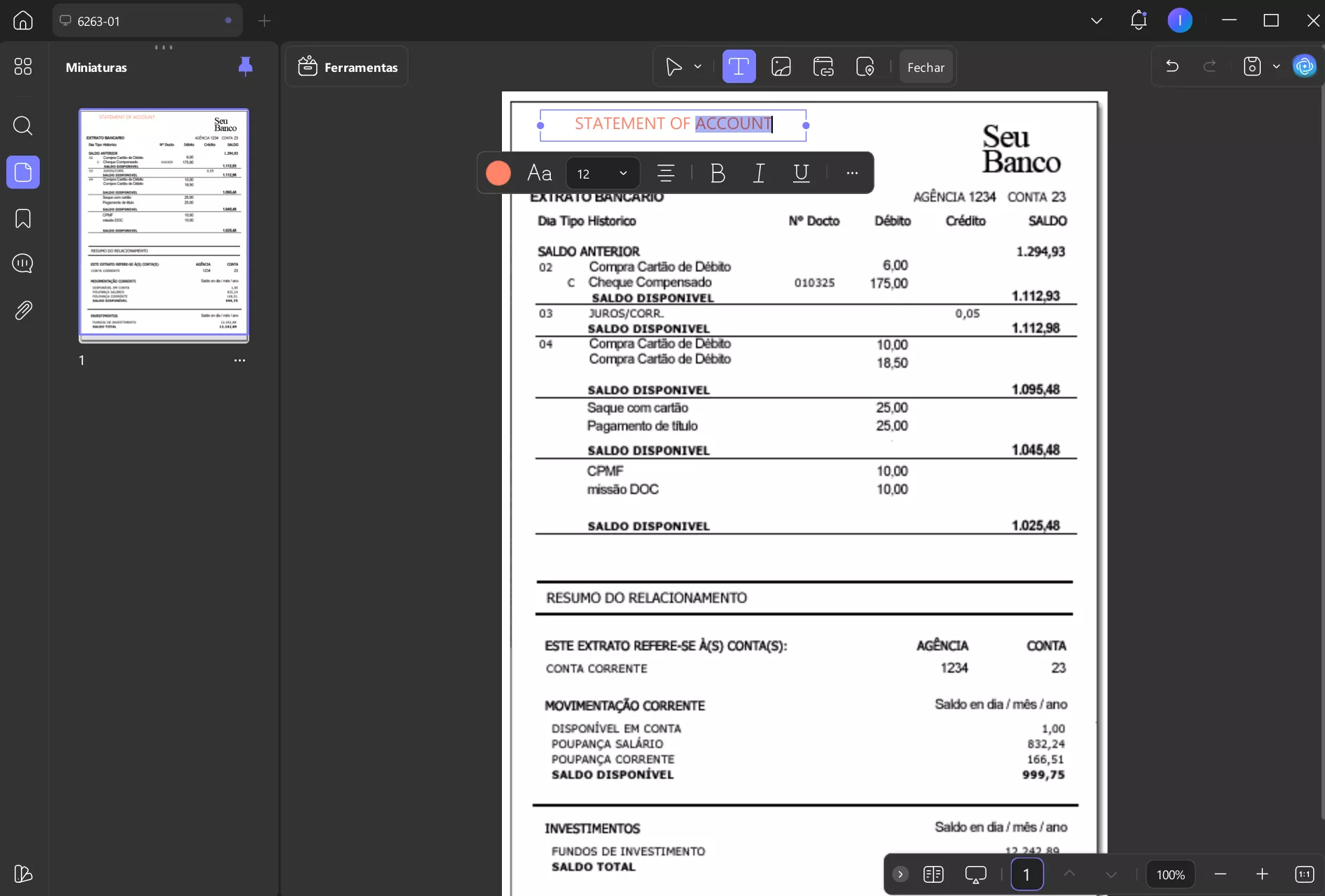 editar extrato bancário