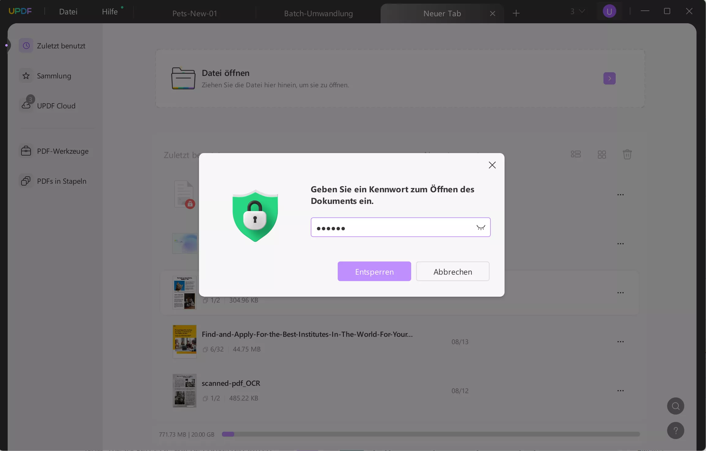 Geschützte PDF-Datei in Word konvertieren, Passwort eingeben updf