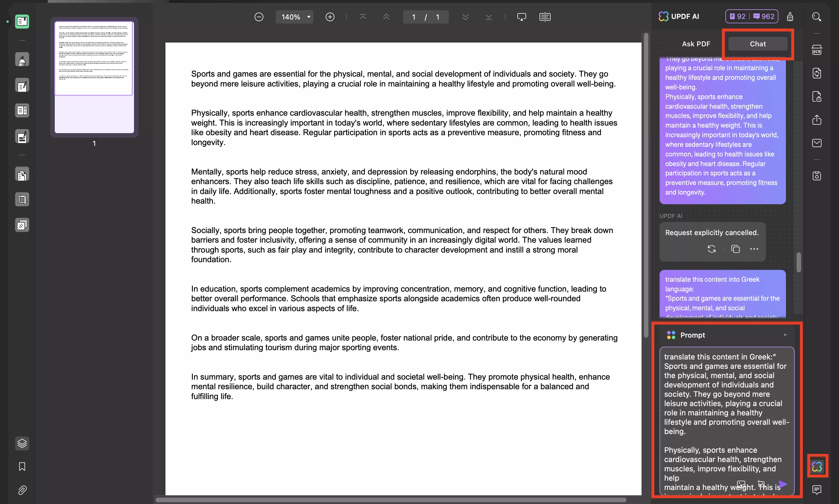 enter the prompt to translate the content into Greek with updf on mac