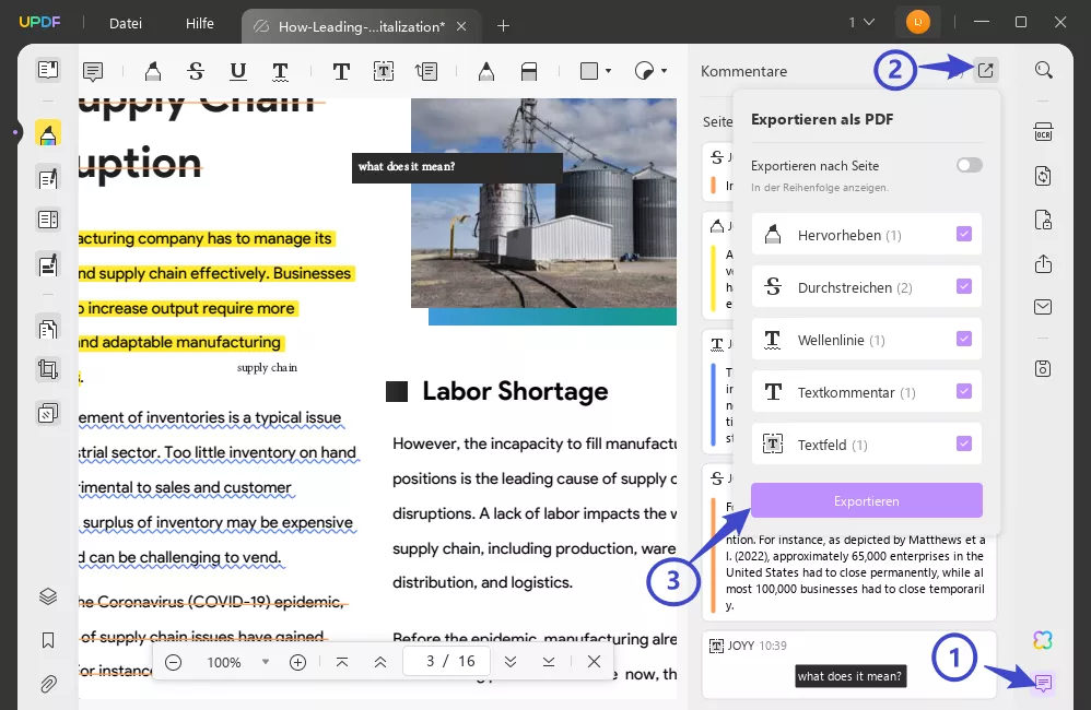 Kommentare aus PDF nach Excel exportieren Kommentar als UPDF exportieren