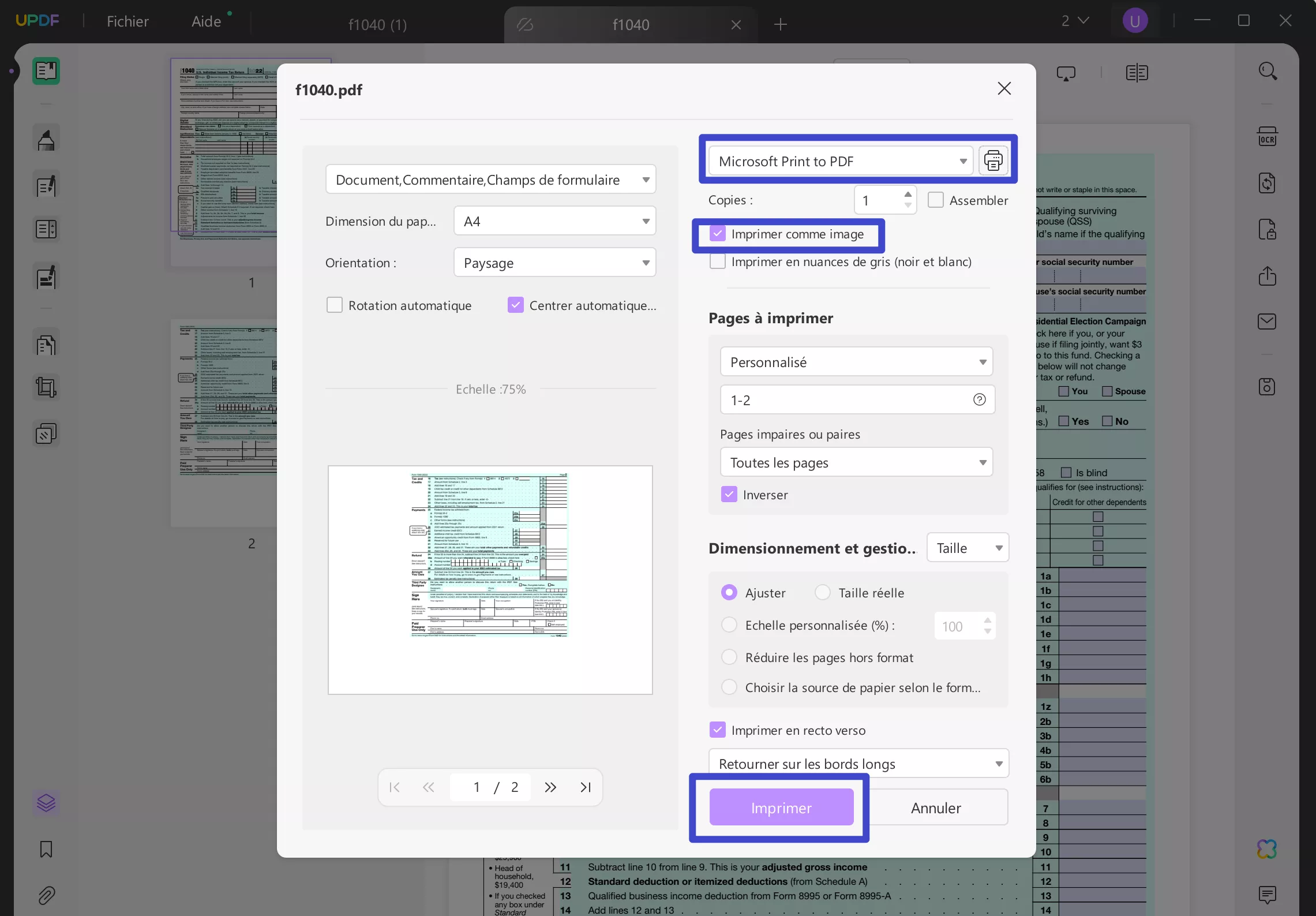 Imprimez en tant qu'image pour convertir un formulaire PDF remplissable en PDF standard avec UPDF