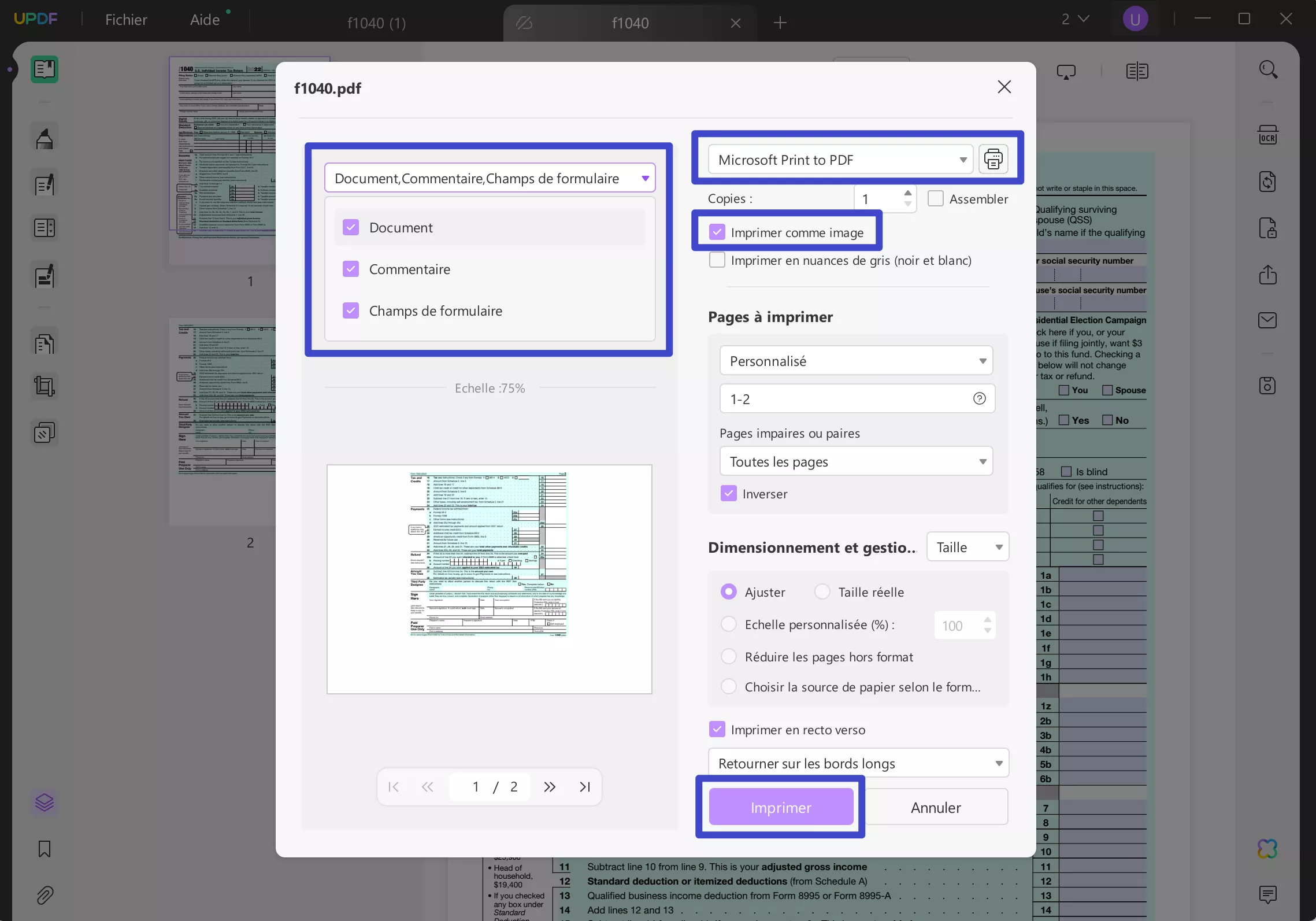 Personnalisez les paramètres d'impression UPDF pour convertir un formulaire PDF remplissable en PDF standard avec UPDF