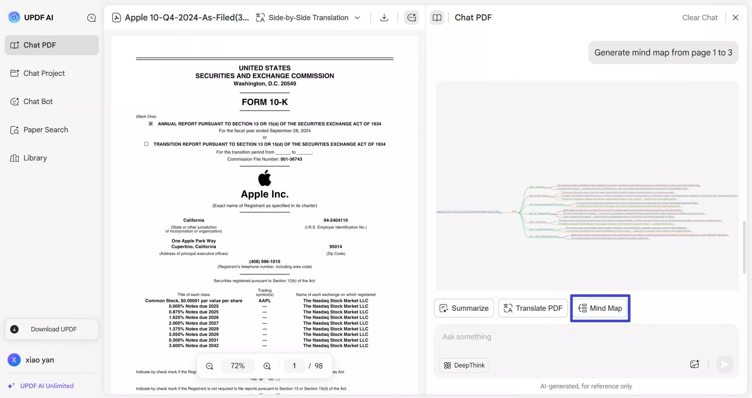 select generate mind map in updf ai online