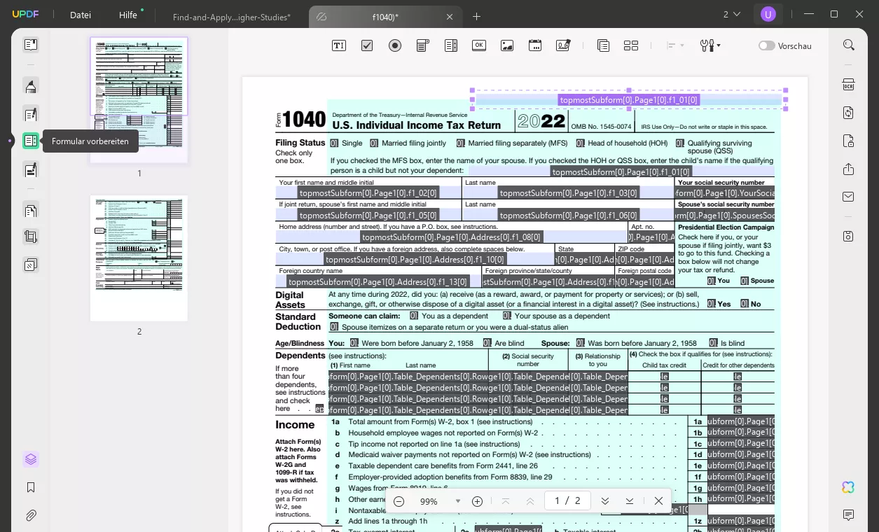 Felder mit UPDF identifizieren