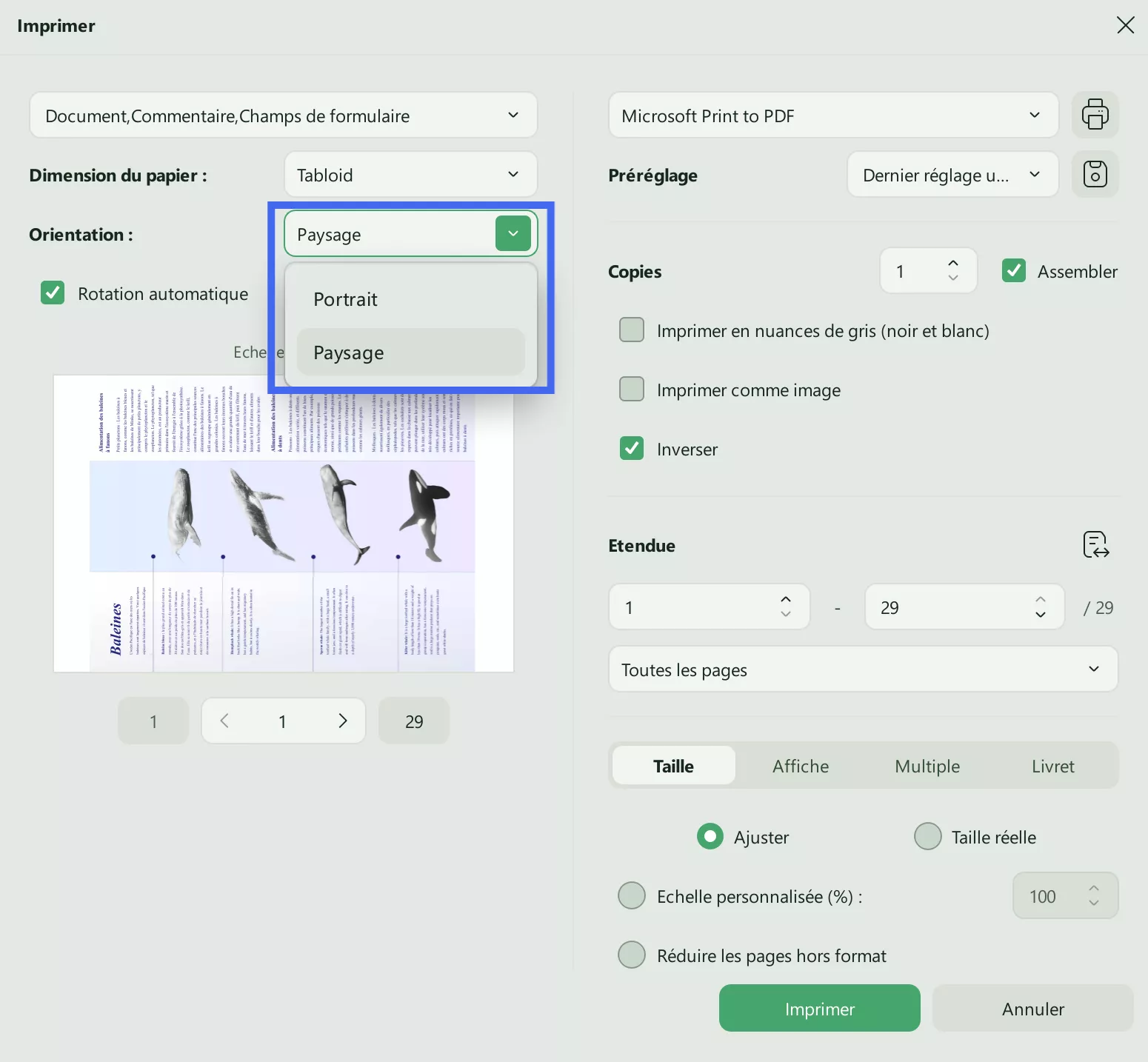 orientation d'imprimer un PDF