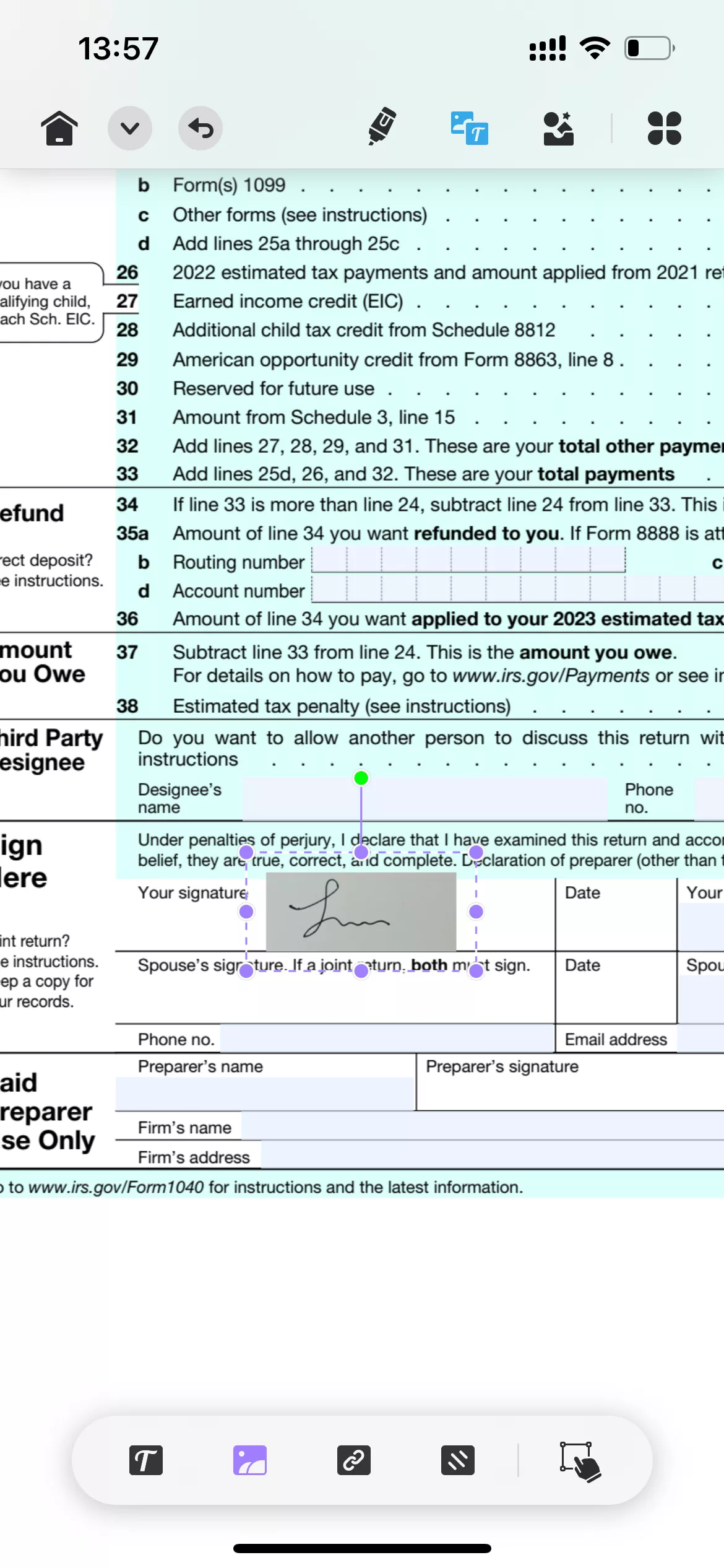 alterar o tamanho e o posicionamento da assinatura em PDF com UPDF para iOS