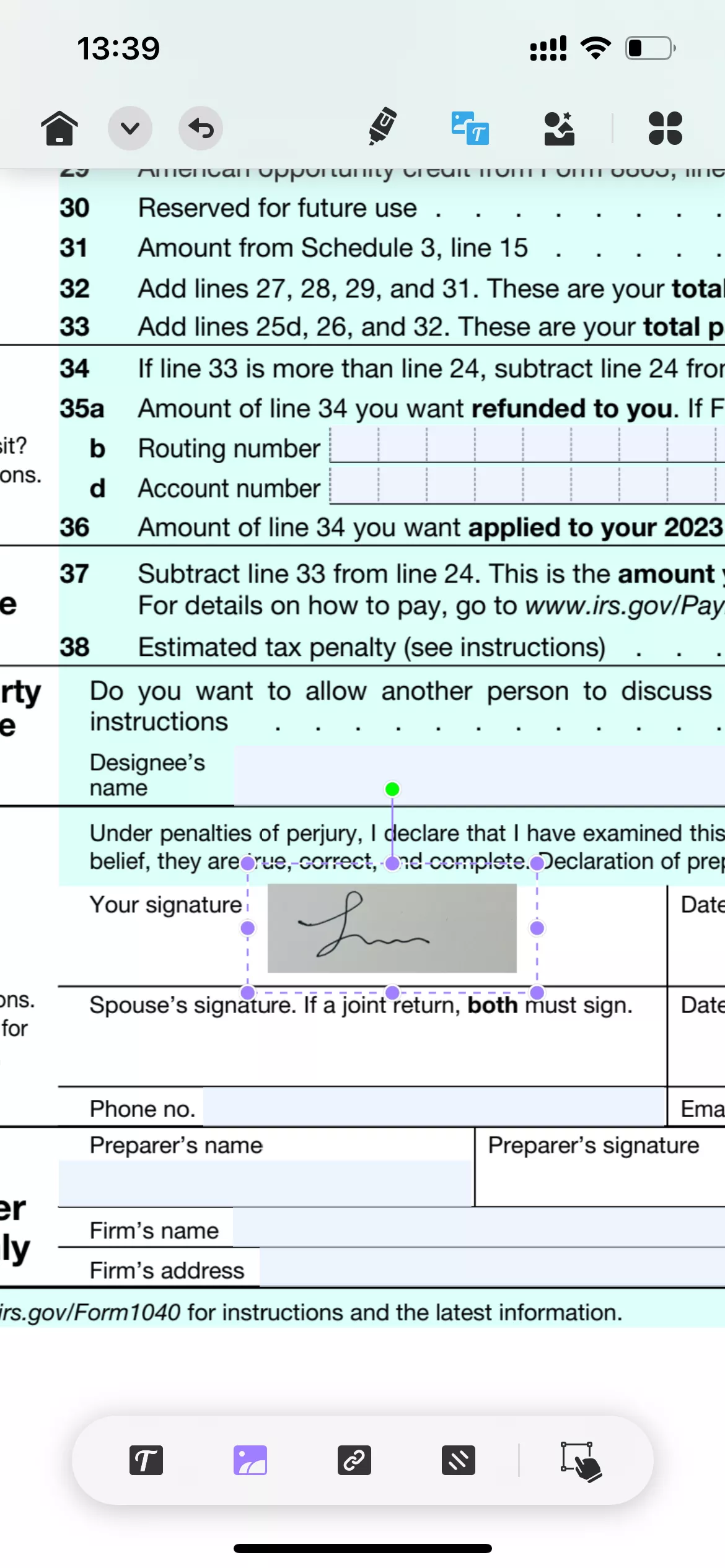 modifier la taille et le placement de la signature dans un PDF avec UPDF pour iOS