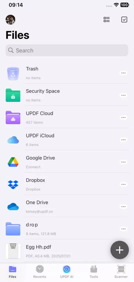 ap “+” to upload file in updf for ios