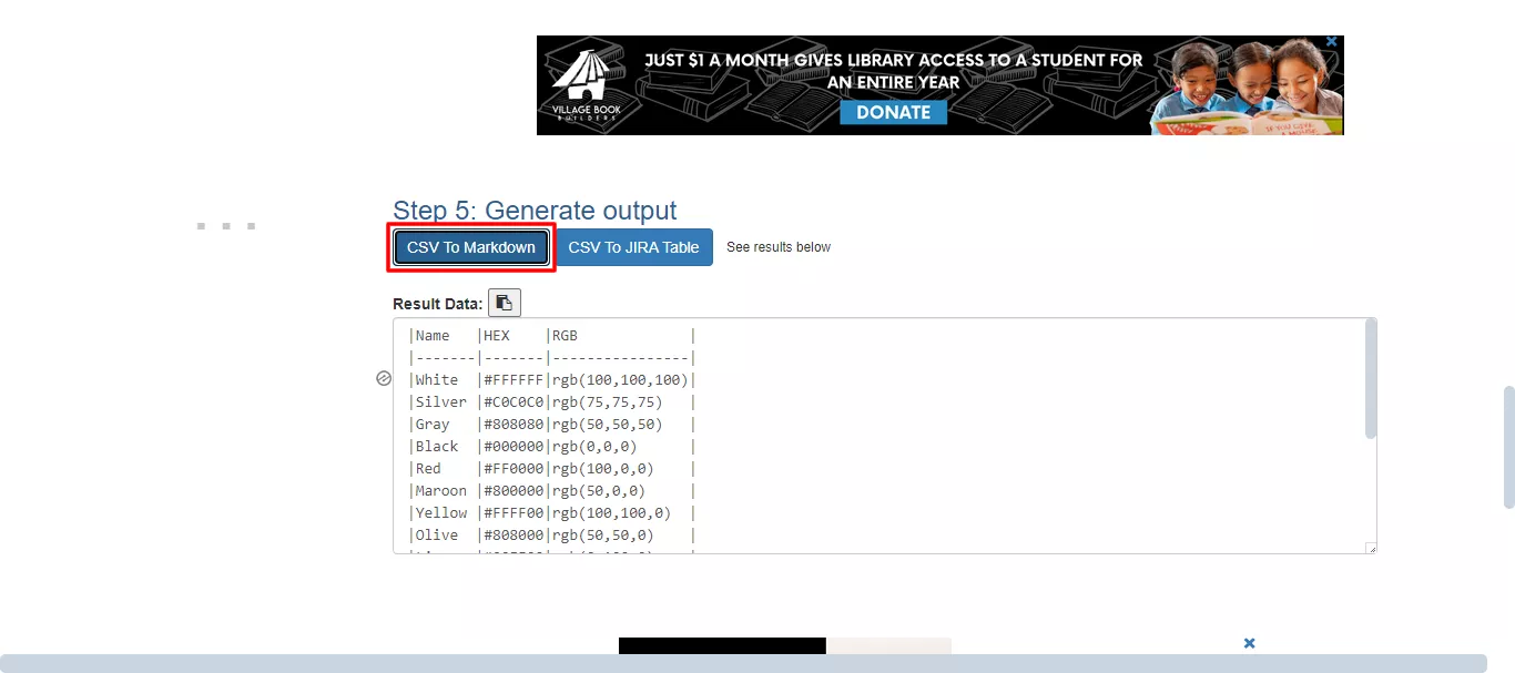 markdown results generated in convertcsv