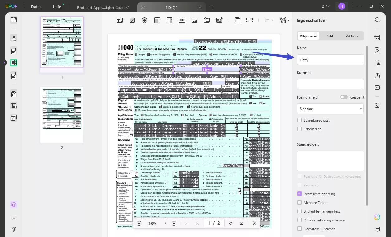 Namensabschnitt in UPDF