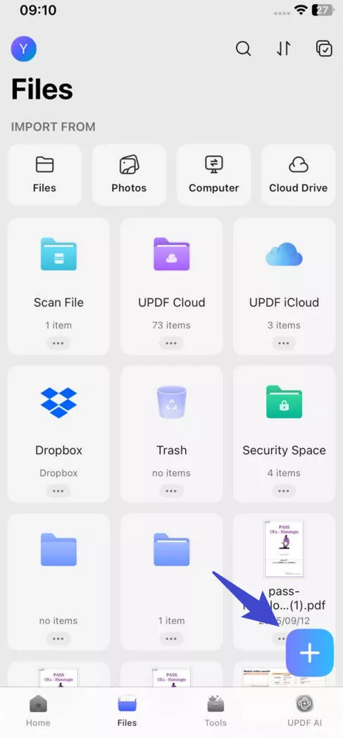 tap plus to upload the pdf to updf ios