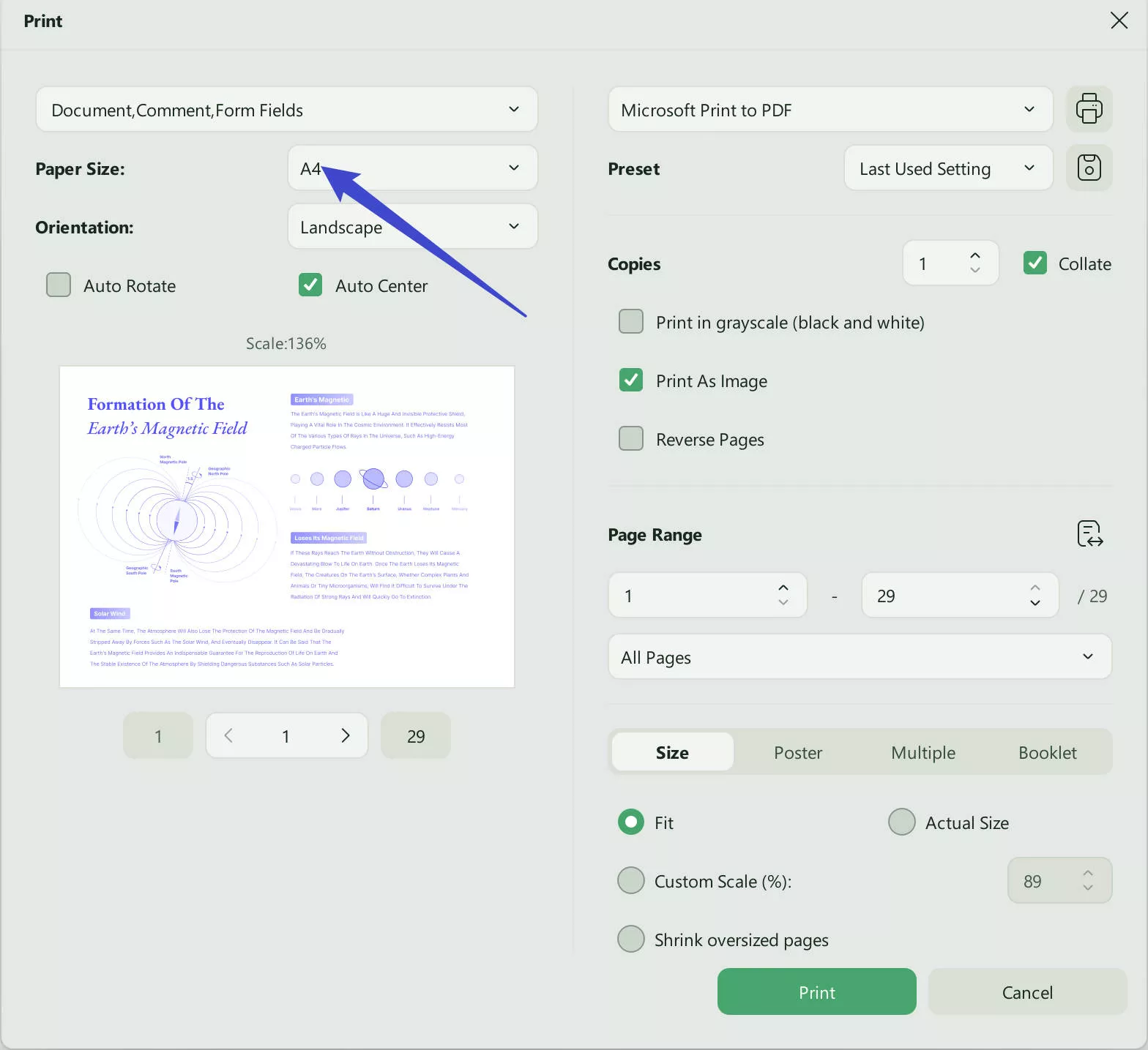 select paper size to print PDF with UPDF