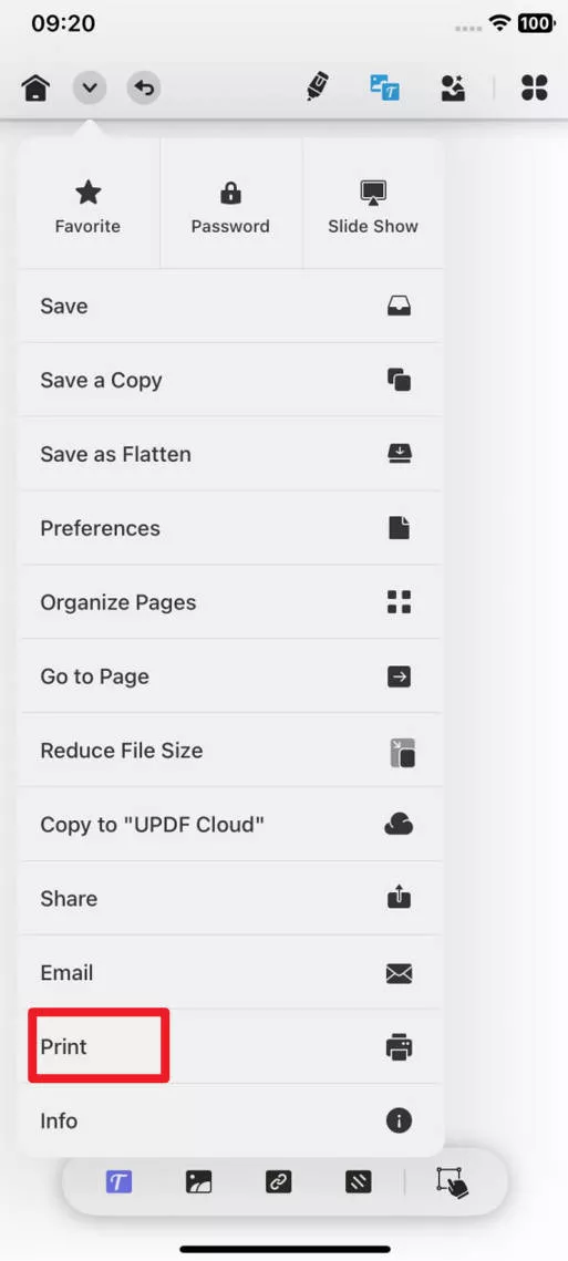 tap on the print in updf for ios