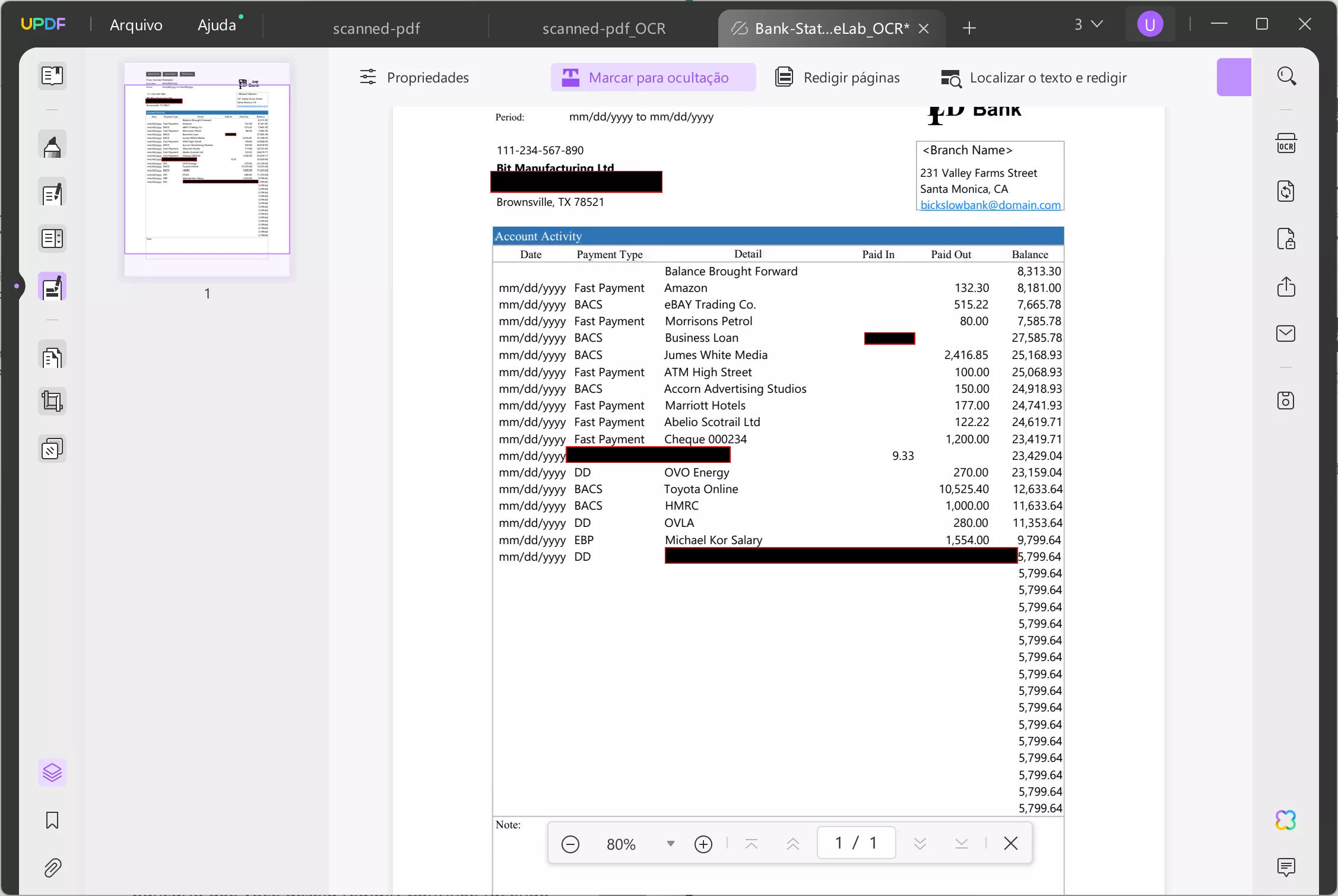 redigir extrato bancário marcar para redação