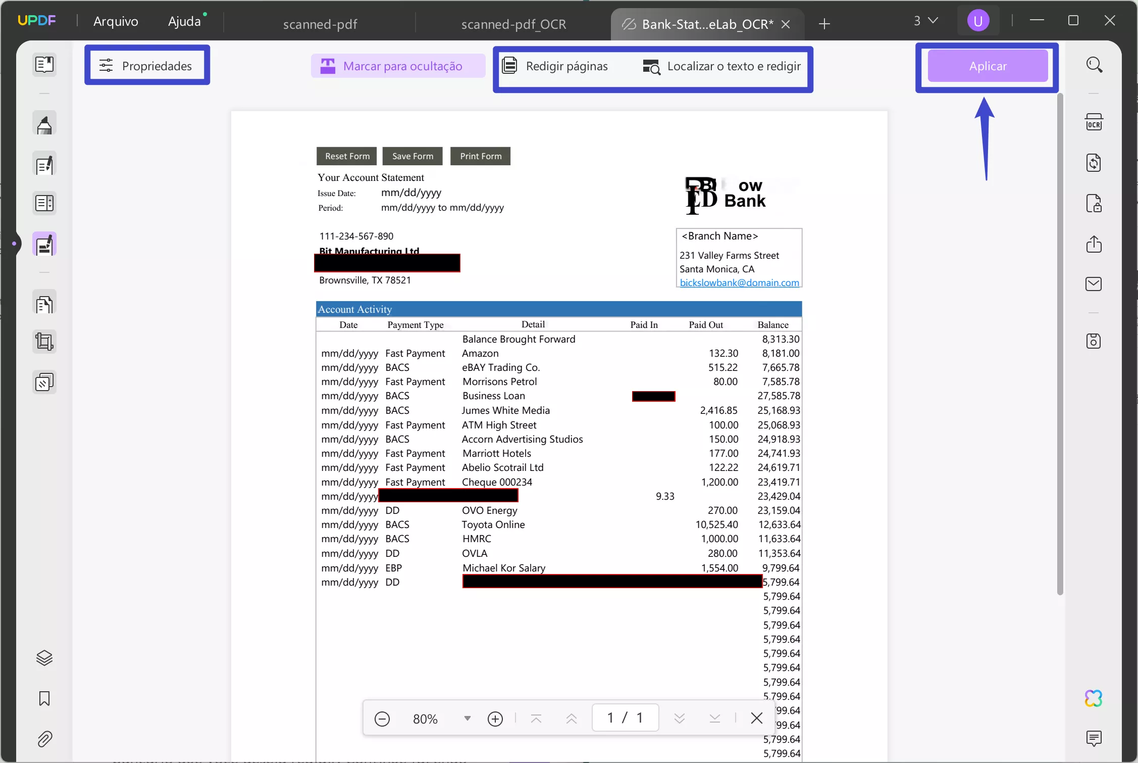 redigir retângulo de extrato bancário