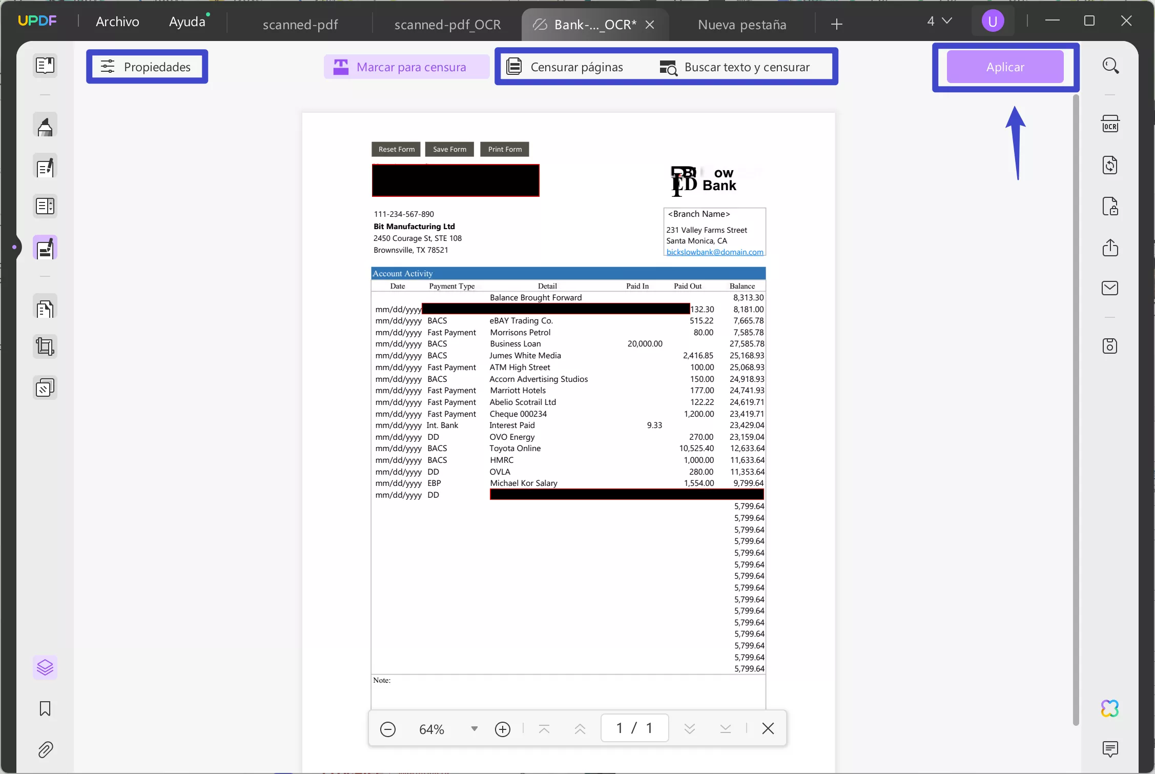 Botón de solicitud para redactar extracto bancario