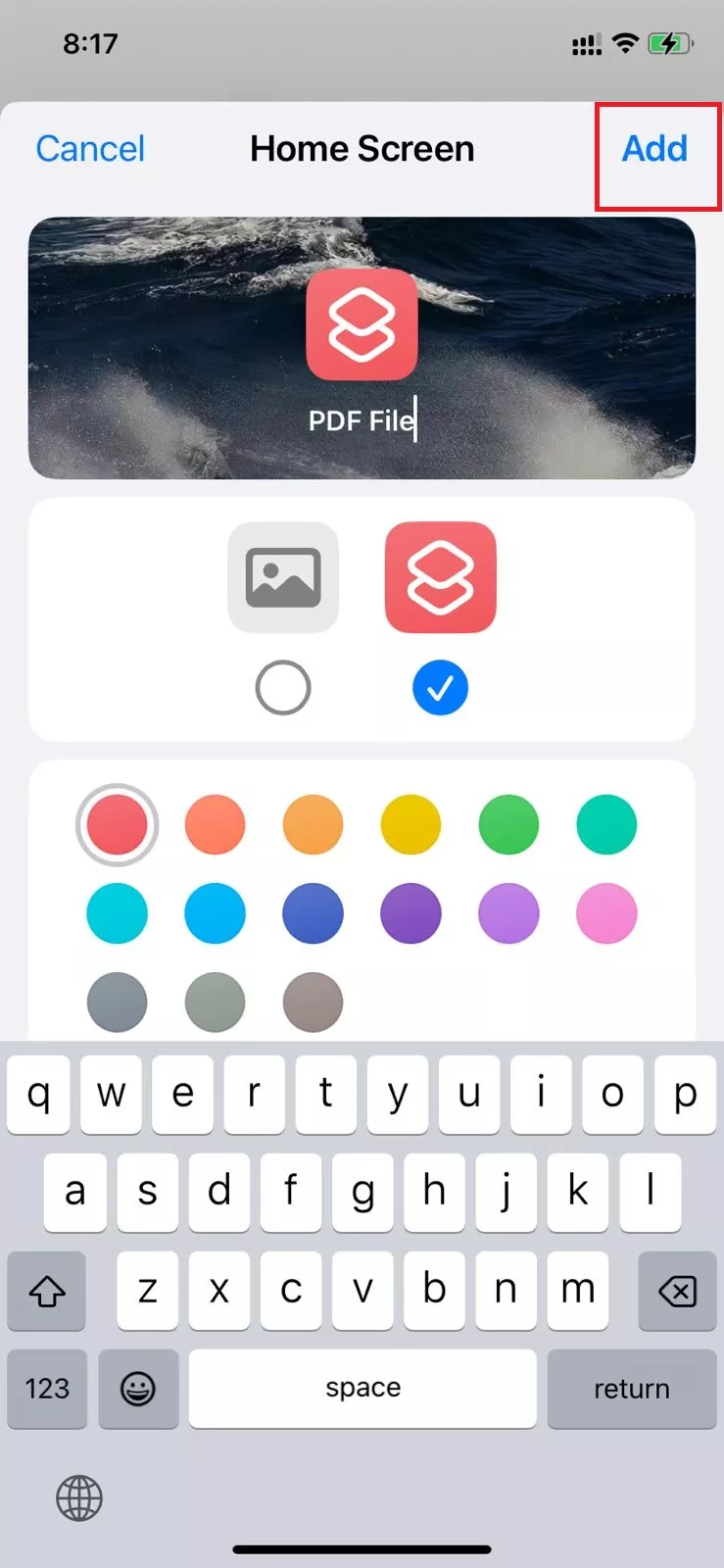 rename the shortcut app and click add in iphone