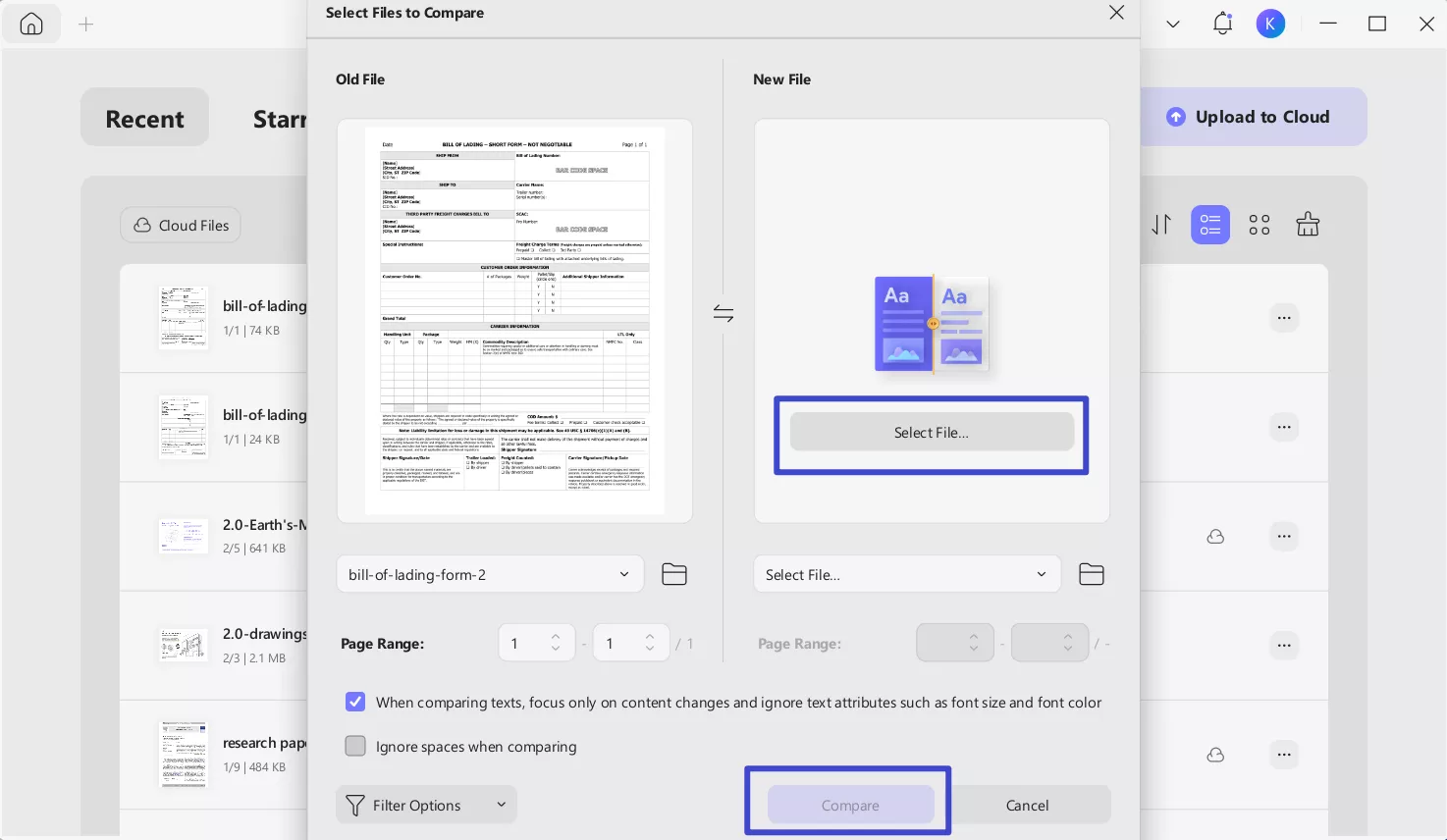 select file to compare the original and the new