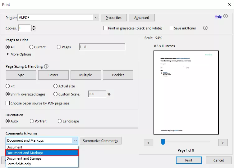 select the documents and markups option in adobe acrobat