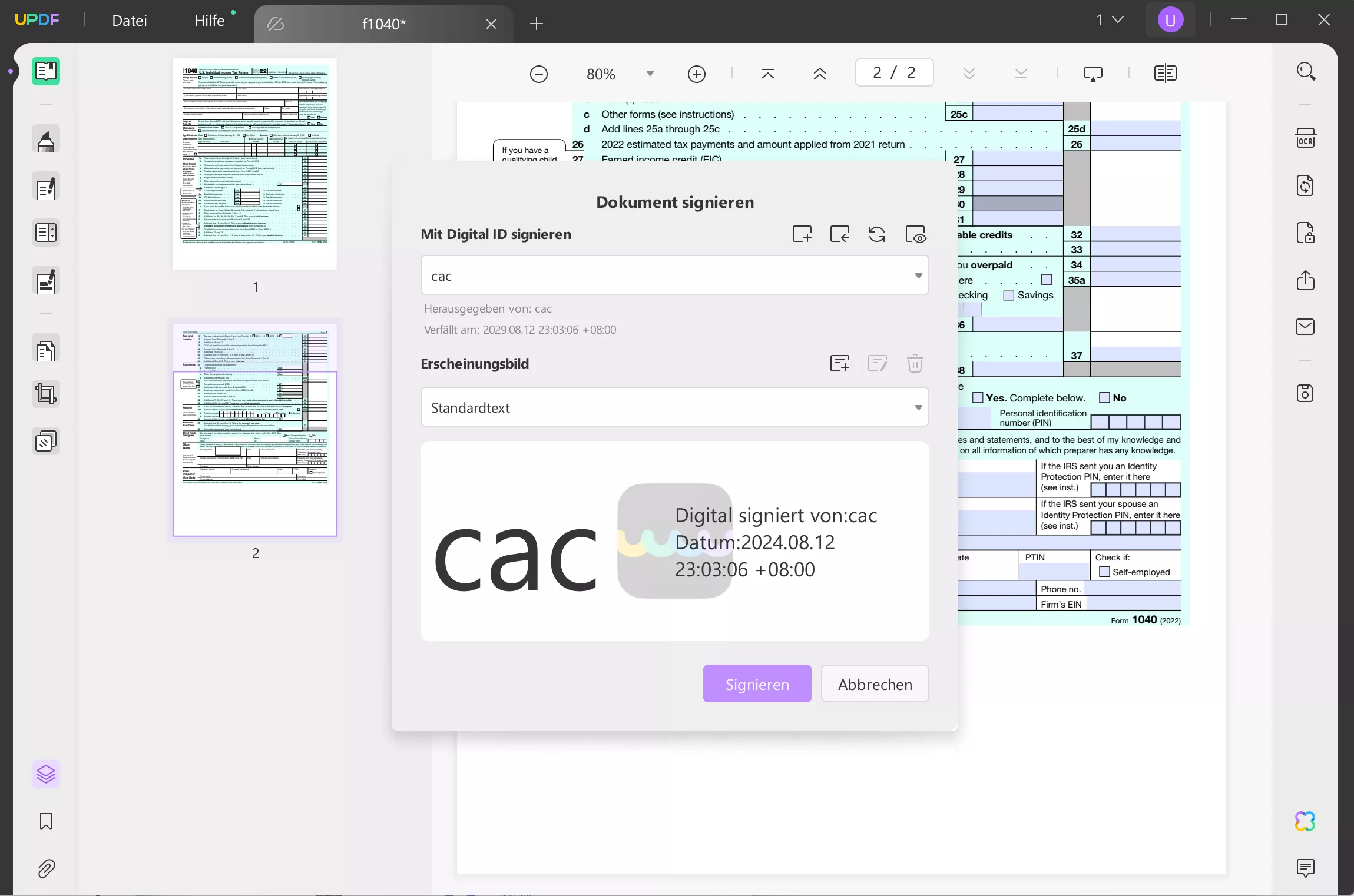 So signieren Sie PDFs mit CAC-Signaturen im vorgefertigten Signierbereich