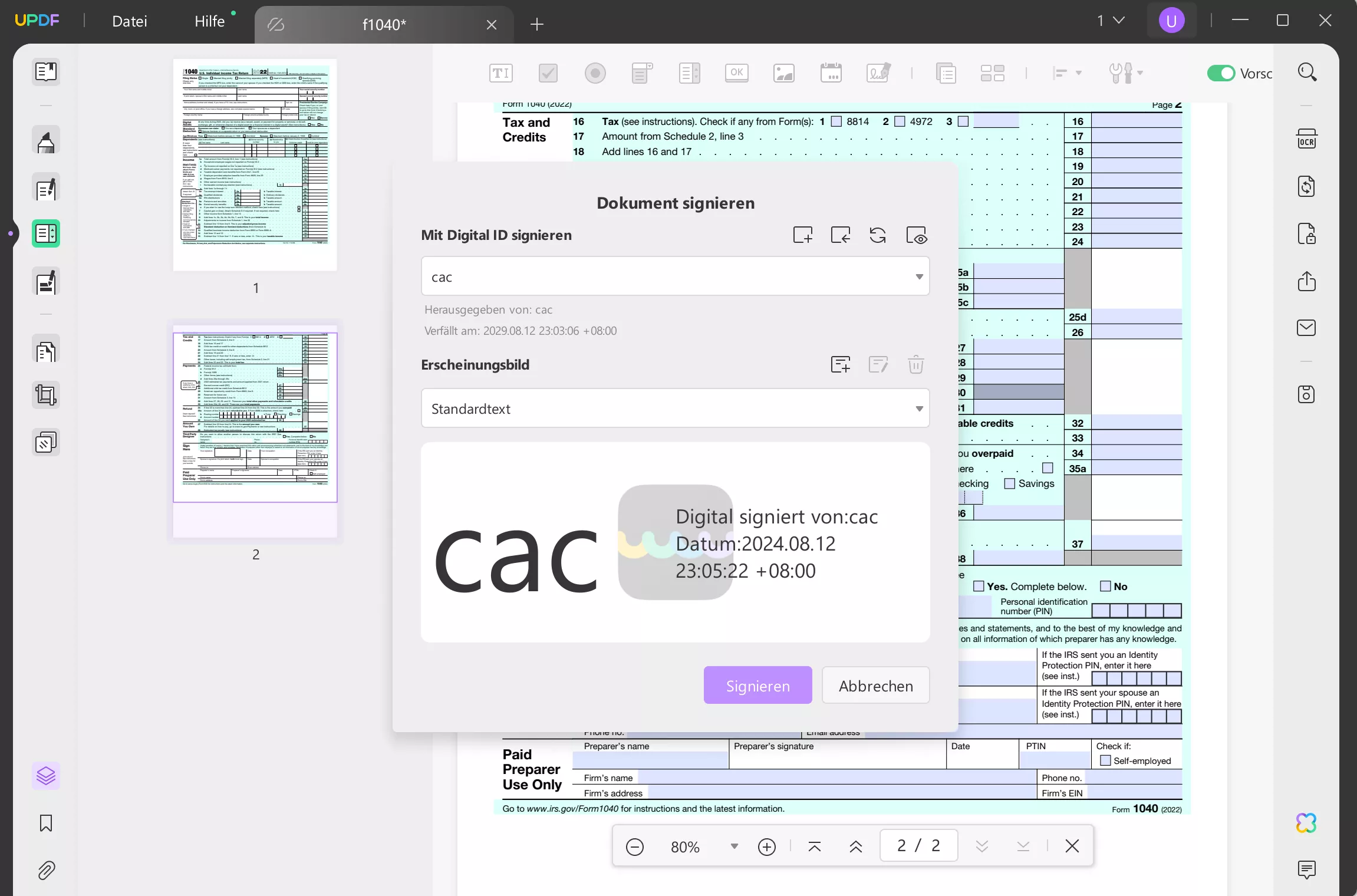 So signieren Sie PDF mit CAC-Zeichen ohne Zeichenbereich