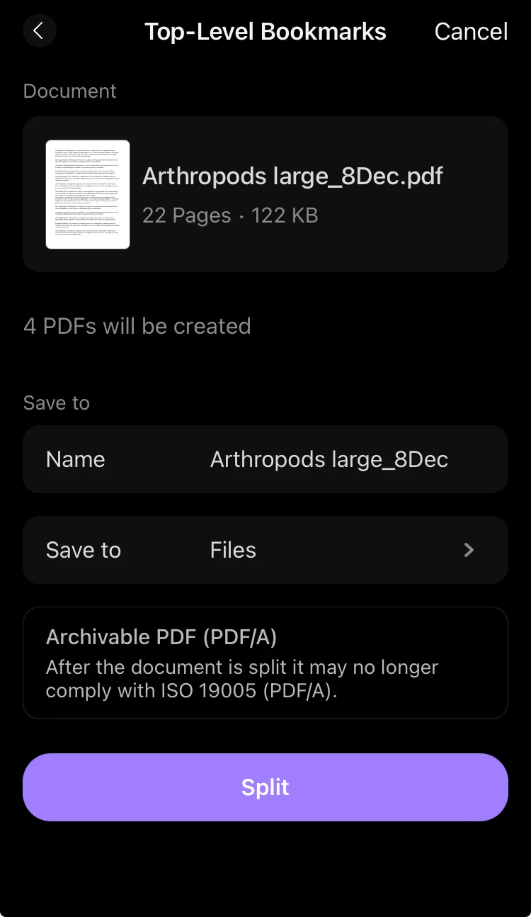 tap split to split PDF with bookmarks in updf for ios