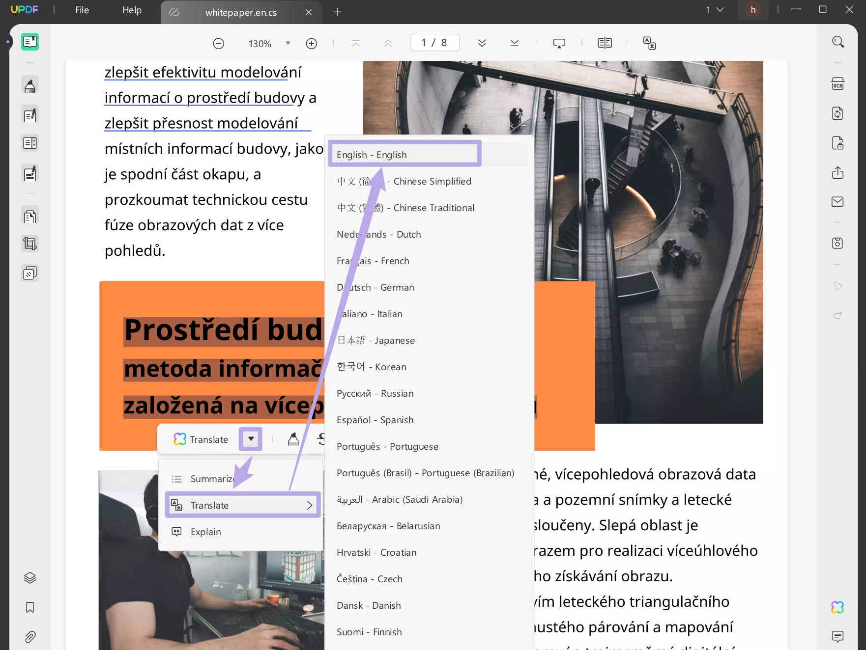 Select to translate Czech PDF to English with UPDF on Windows